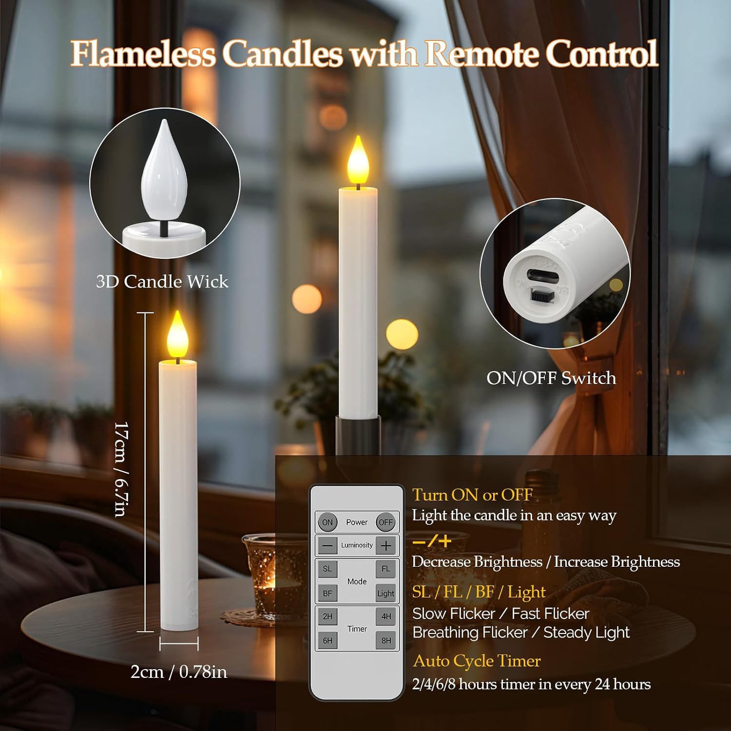 PChero Rechargeable Flameless Taper Candles with Charging Station, 10 Pack | 0.78*6.7, 200H+ Runtime, LED Candles