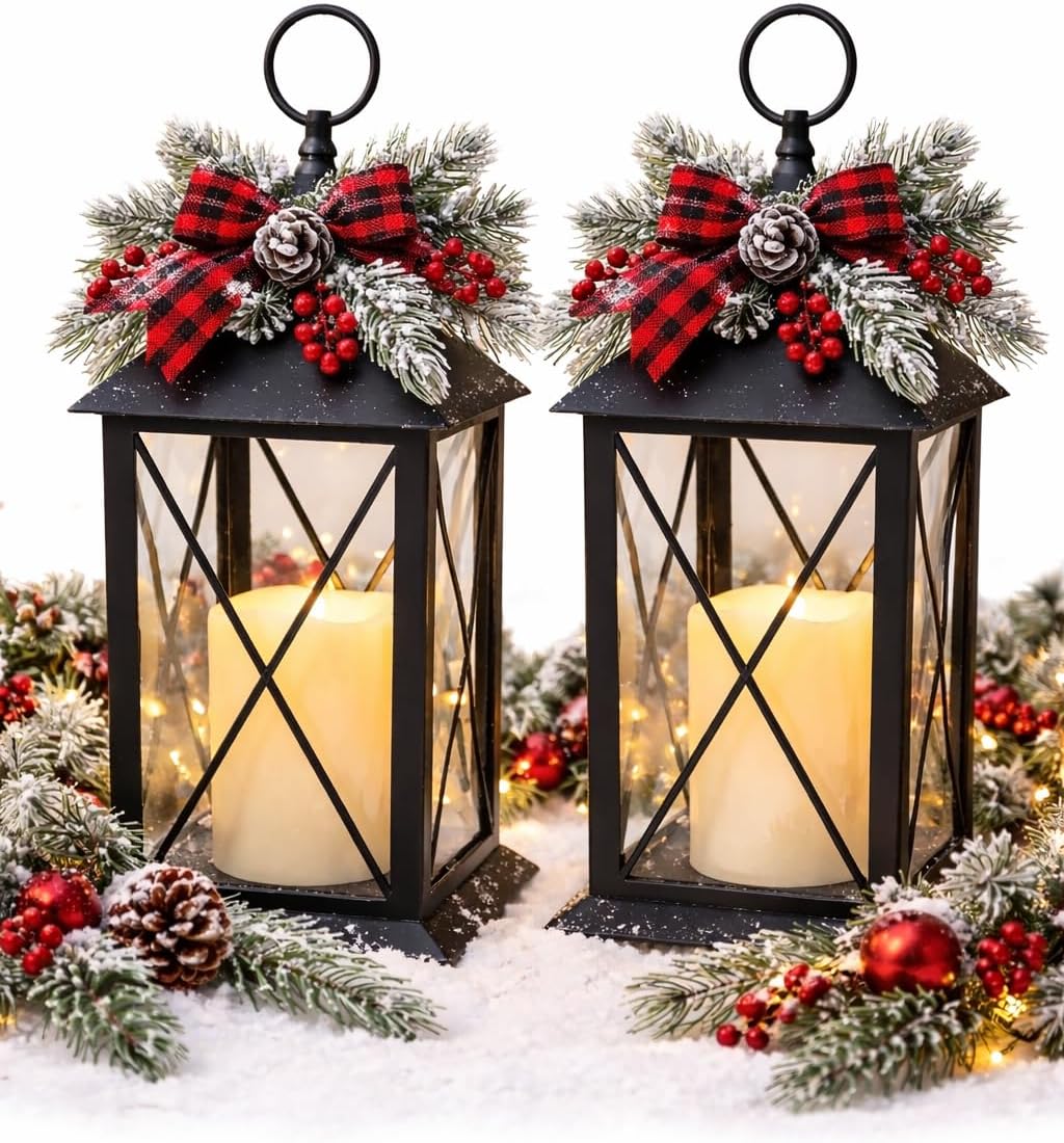 Black Decorative Lantern Set of 2 with LED Candle – Lighted Lanterns with Cross Bar Design, 4 Hour Timer, Indoor