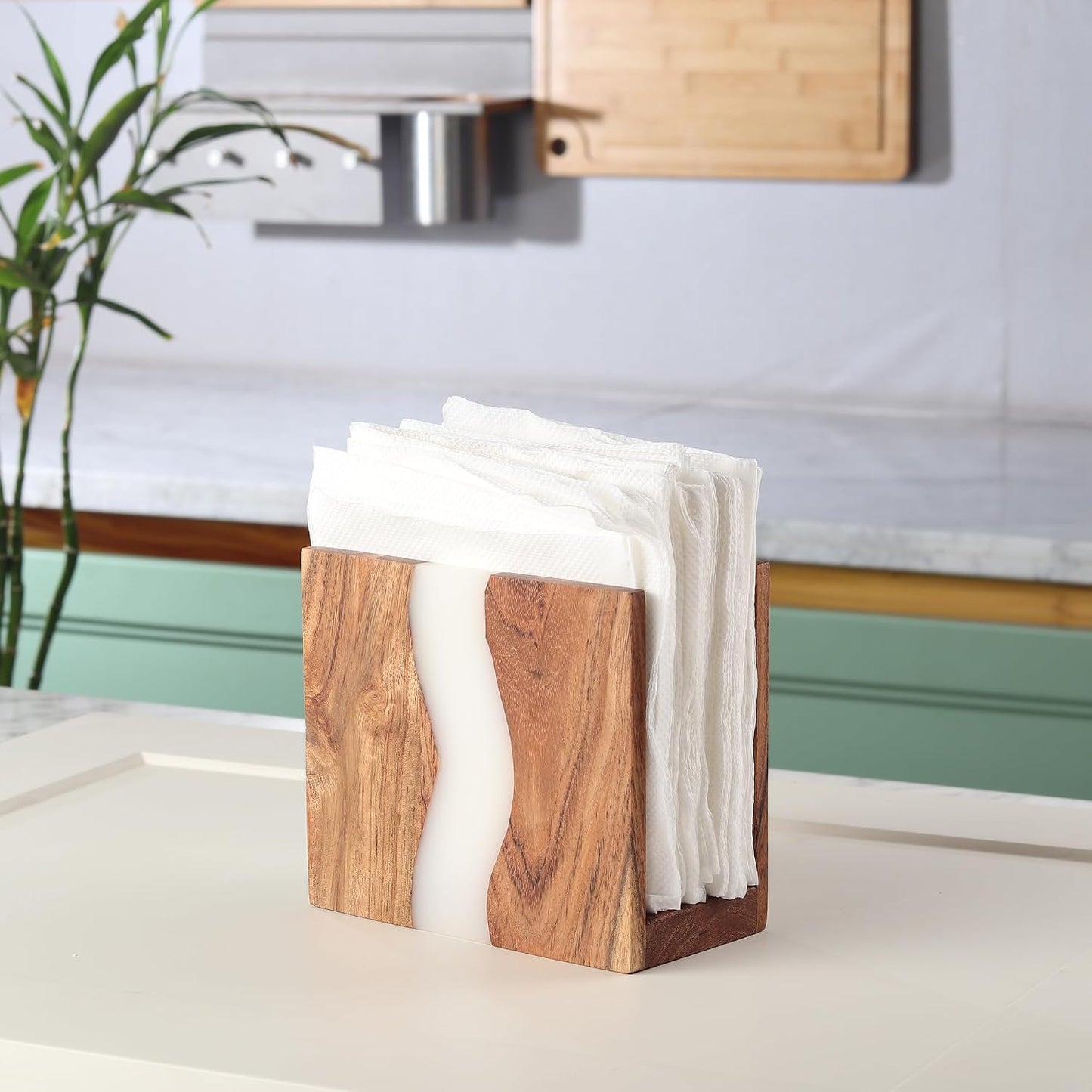 Acacia wood & Transparent Epoxy resin Napkin holder / Cloudy White