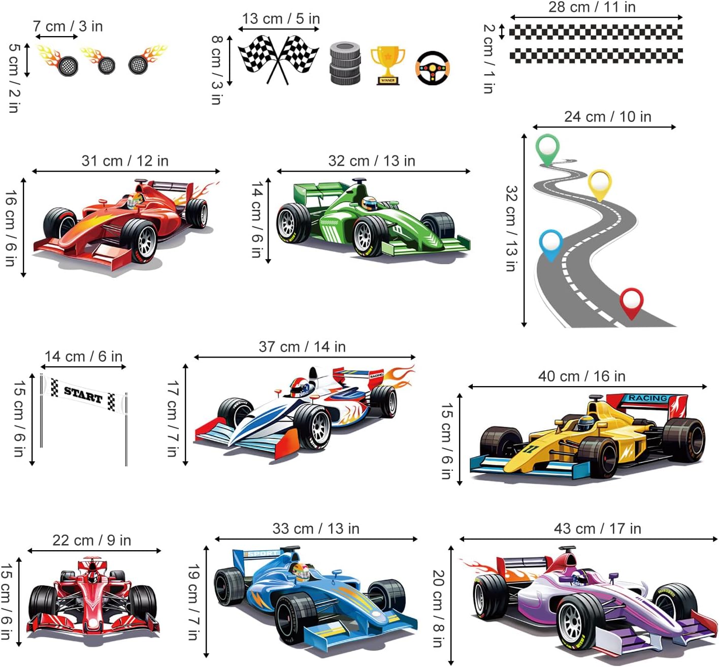 Racing Car Wall Stickers Vehicles Roads Peel and Stick Wall Art Decals for Kids Bedroom Boys / A