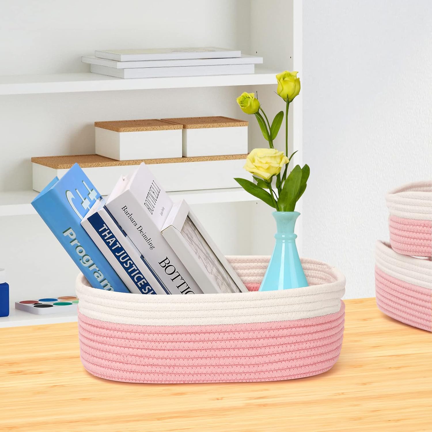 7 Piece Cotton Rope Woven Basket Set / OFF WHITE & PINK