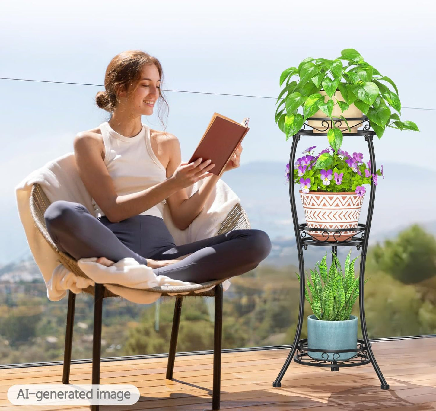 LASZOLA 3 Tiers Metal Corner Plant Flower Stand Tall Indoor Outdoor, Black | Heavy Duty Small Holder Shelf for Multiple