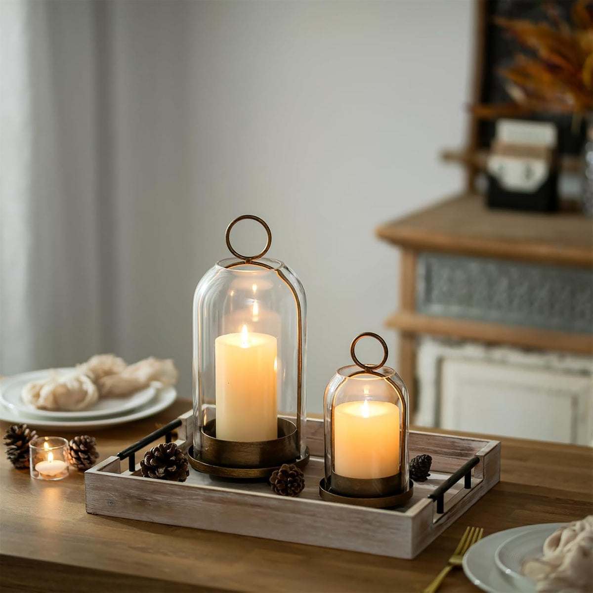 Sziqiqi Hurricane Candle Holder Lanterns: Pillar Candle Holders Set of 2 | With Removable Glass Dome for Outdoor