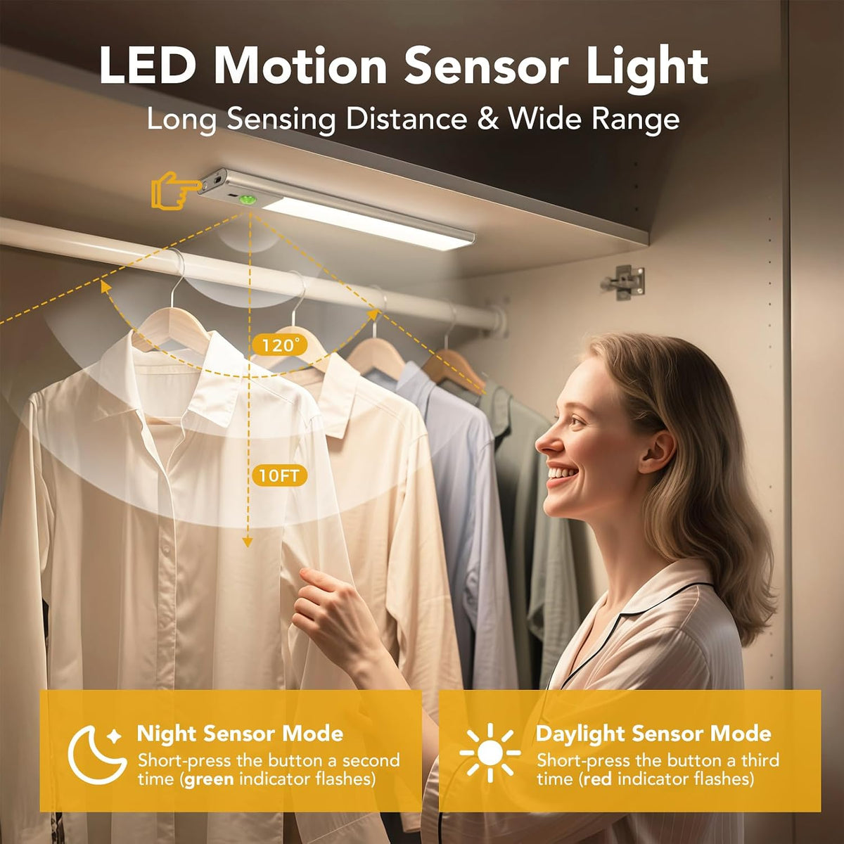 Rechargeable Under Cabinet Lights, 11.8 Inch Motion Sensor LED Light Bars with Hand Wave Control, Dimmable 3 Color