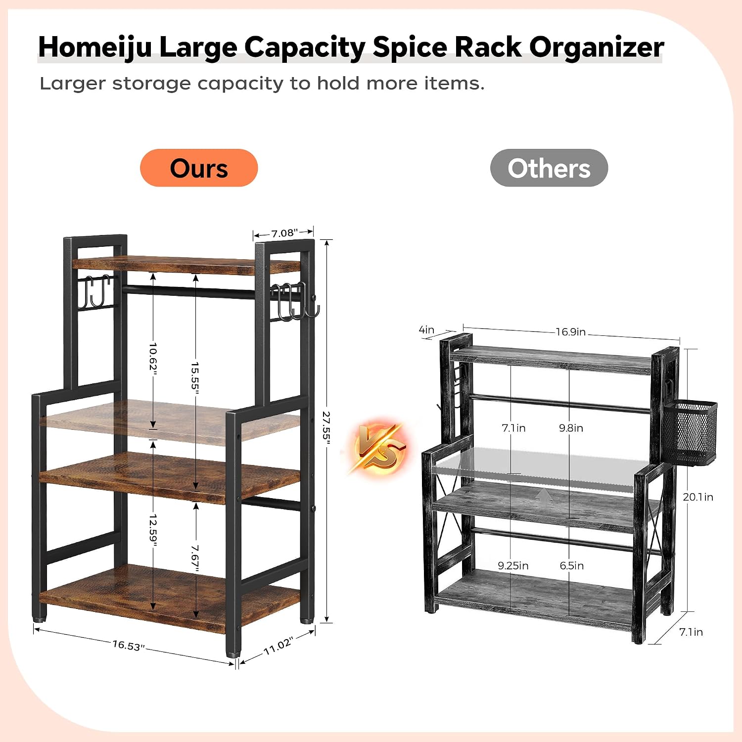 Kitchen Countertop Organizer,3 Tier Large Spice Rack Organizer with Adjustable Shelf and 5 Hooks,Wooden Counter