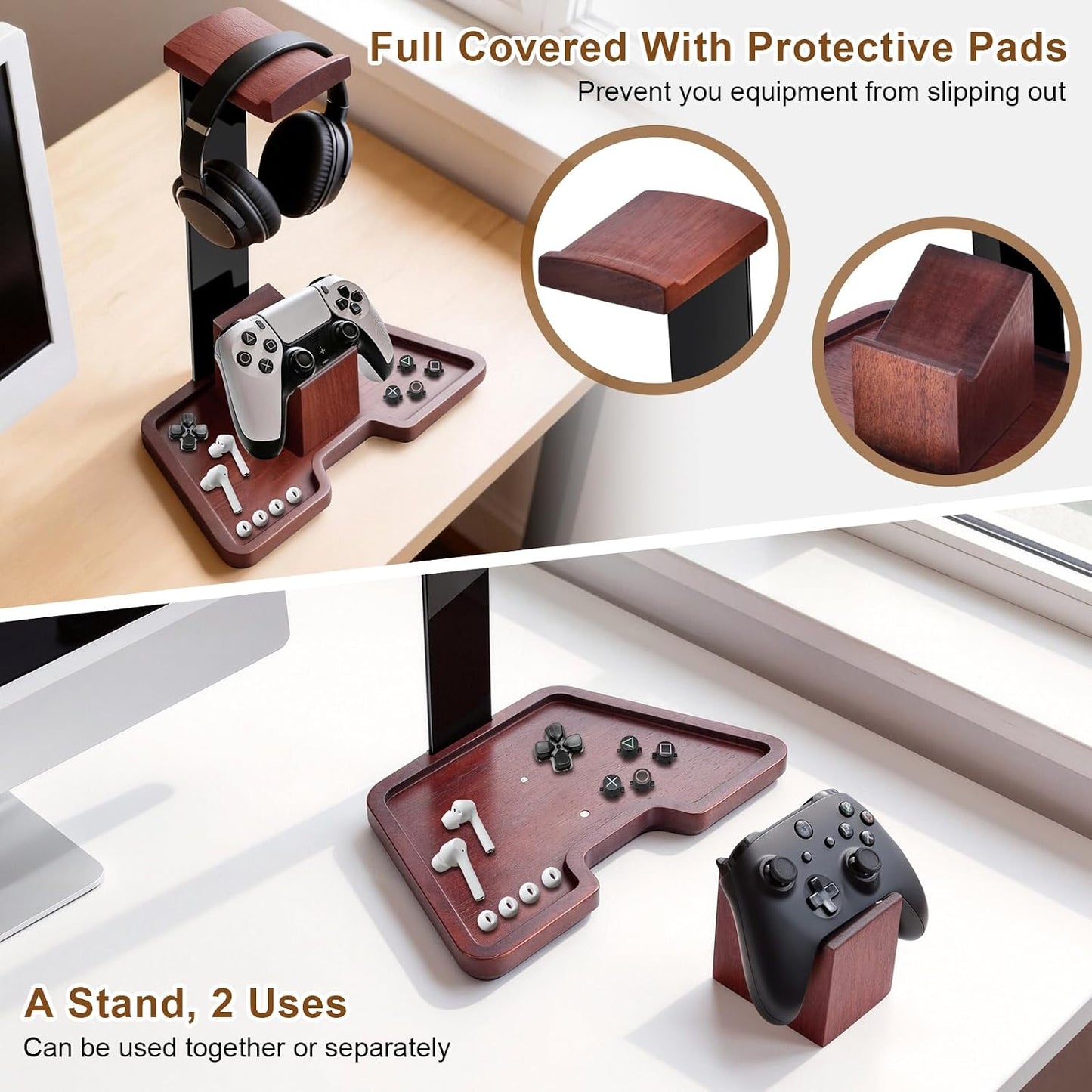 Headphone Holder Stand for Desk, Wood and Metal Headset Hanger Mount Hook Gaming Holder Desktop Earphone Artful