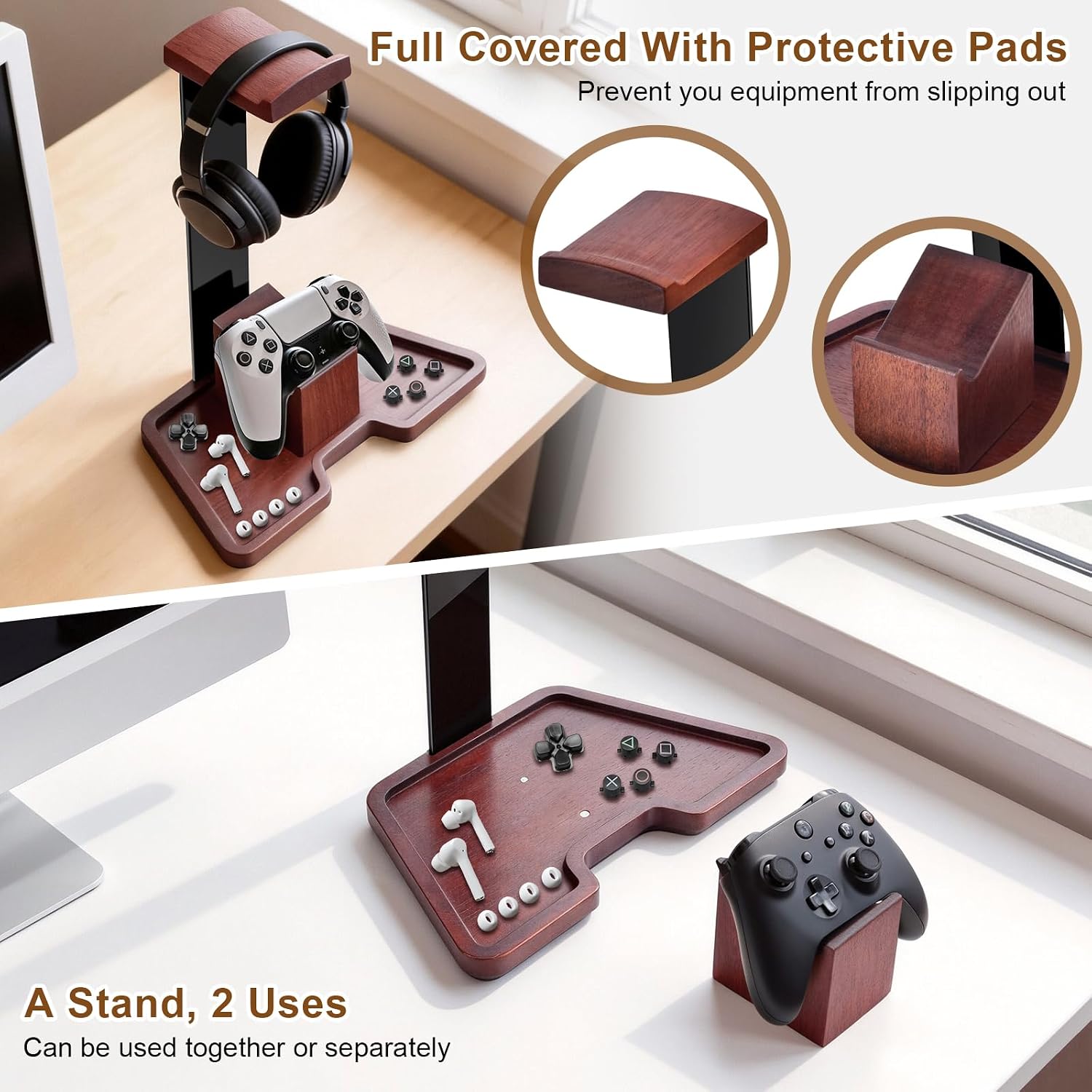 Headphone Holder Stand for Desk, Wood and Metal Headset Hanger Mount Hook Gaming Holder Desktop Earphone Artful