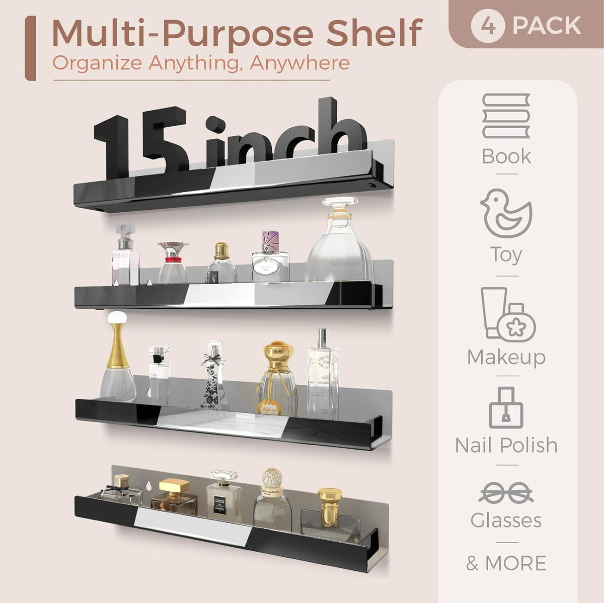 4 Pack 15 Inch Black Reflective Acrylic Floating Wall Shelves | Modern Display Shelf for Sunglasses, Oils, Pictures &