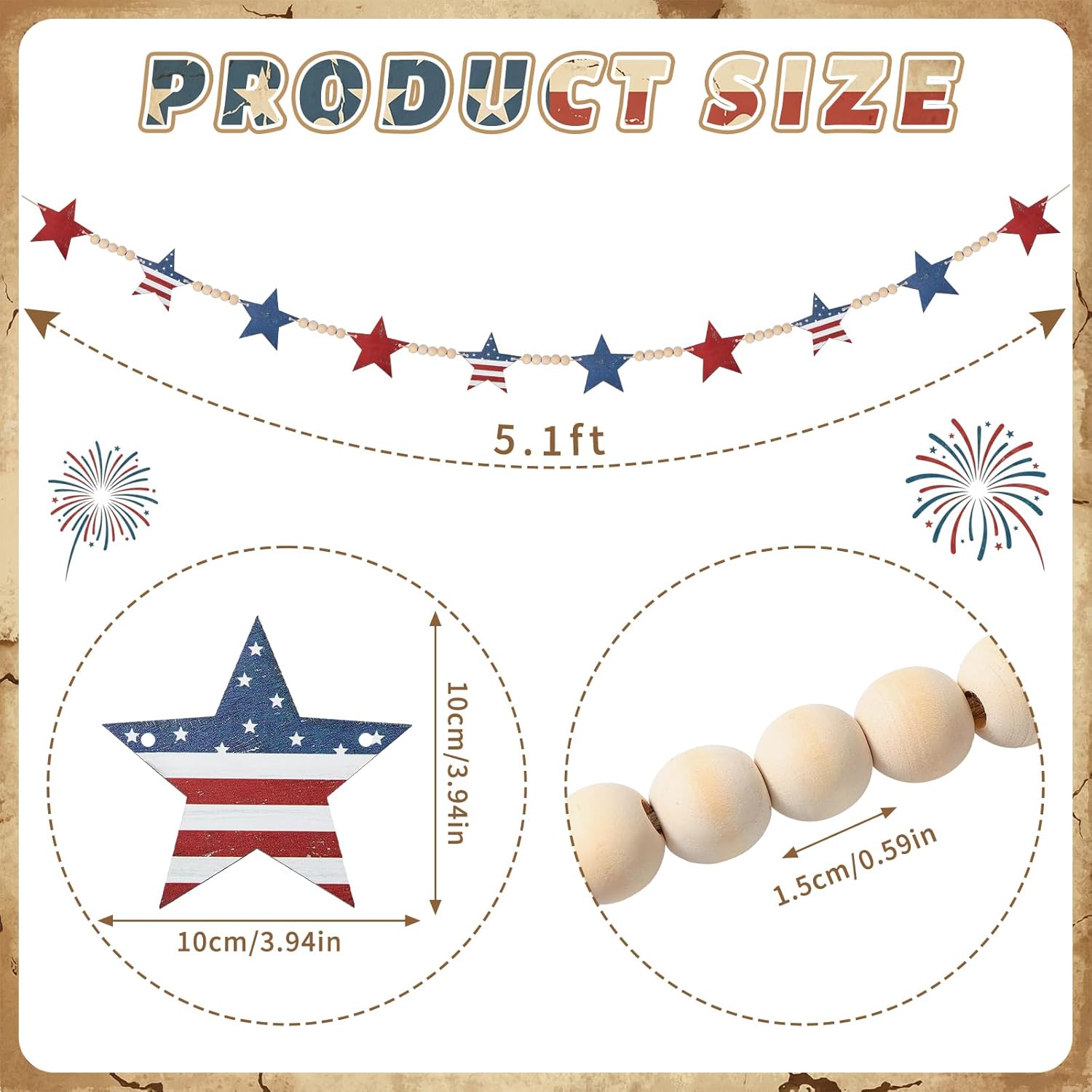 4th of July Patriotic Wooden Beads Garland / USA Star / 5.1 Inch
