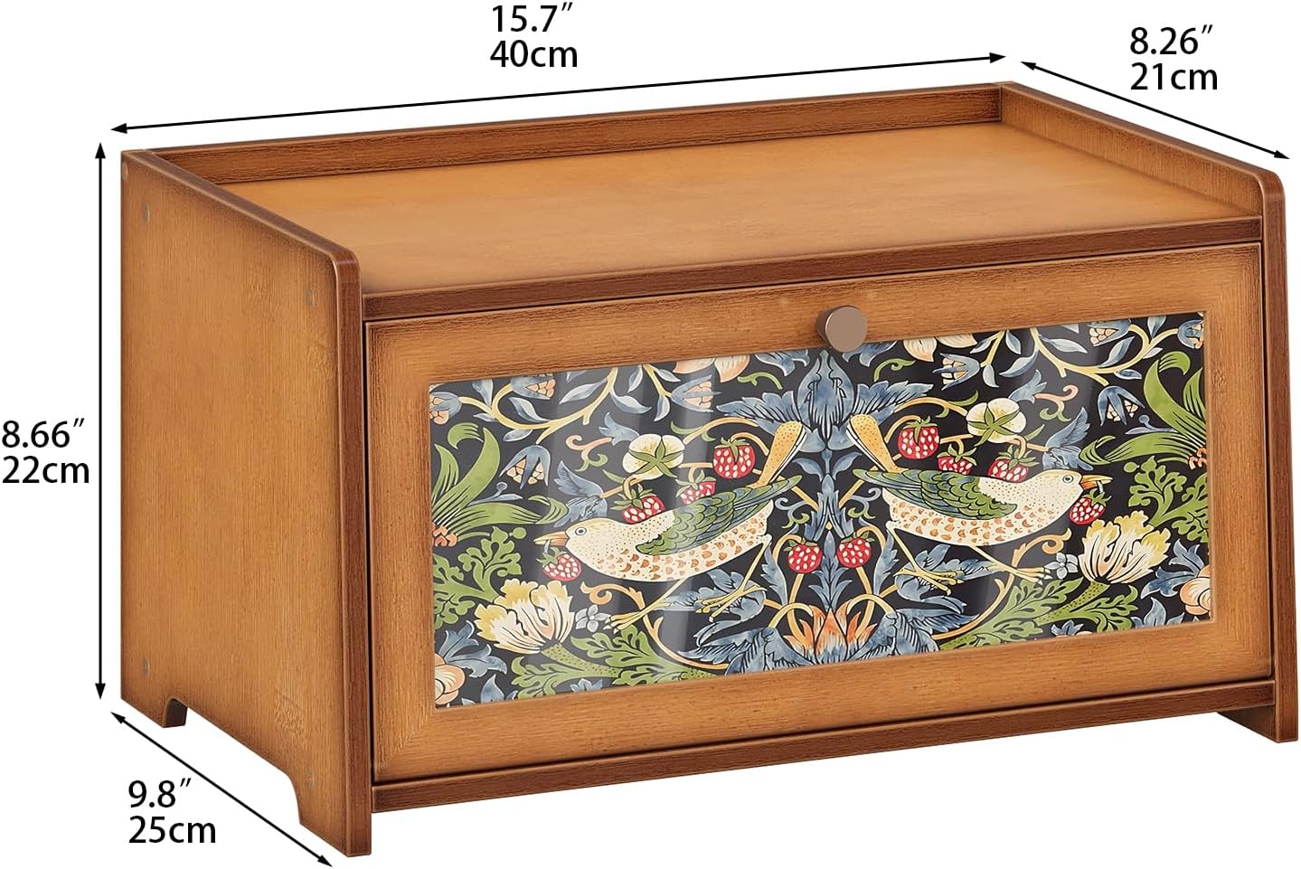 Trironsun Bamboo Bread Box for Kitchen Counter Black Bread Storage Container with Acrylic Door William Morris Flower