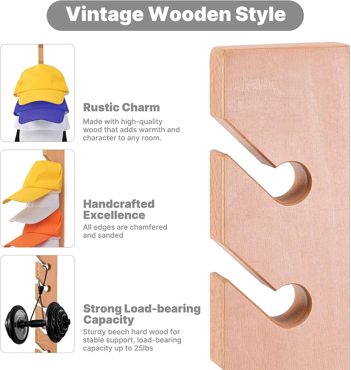 3 Pack Beech Wood Hat Rack for Wall – 10 Hooks Baseball Cap Organizer | Vertical Hats Hooks & Display Holder Storage