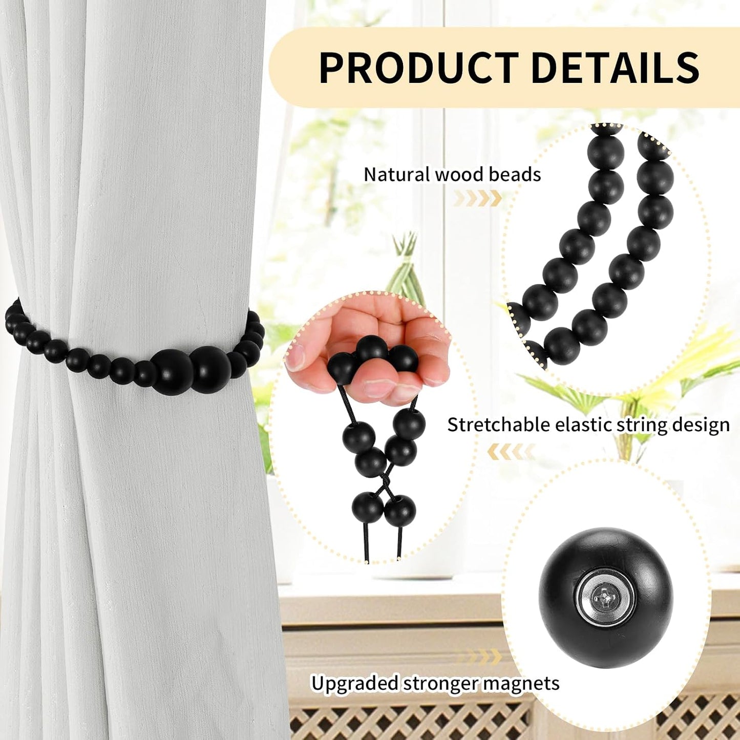KLOGTSIND Magnetic Curtain Tiebacks, 6 Pack Wood Bead Curtain Holdbacks | Curtain Holders for Bedroom Decor, Boho Room