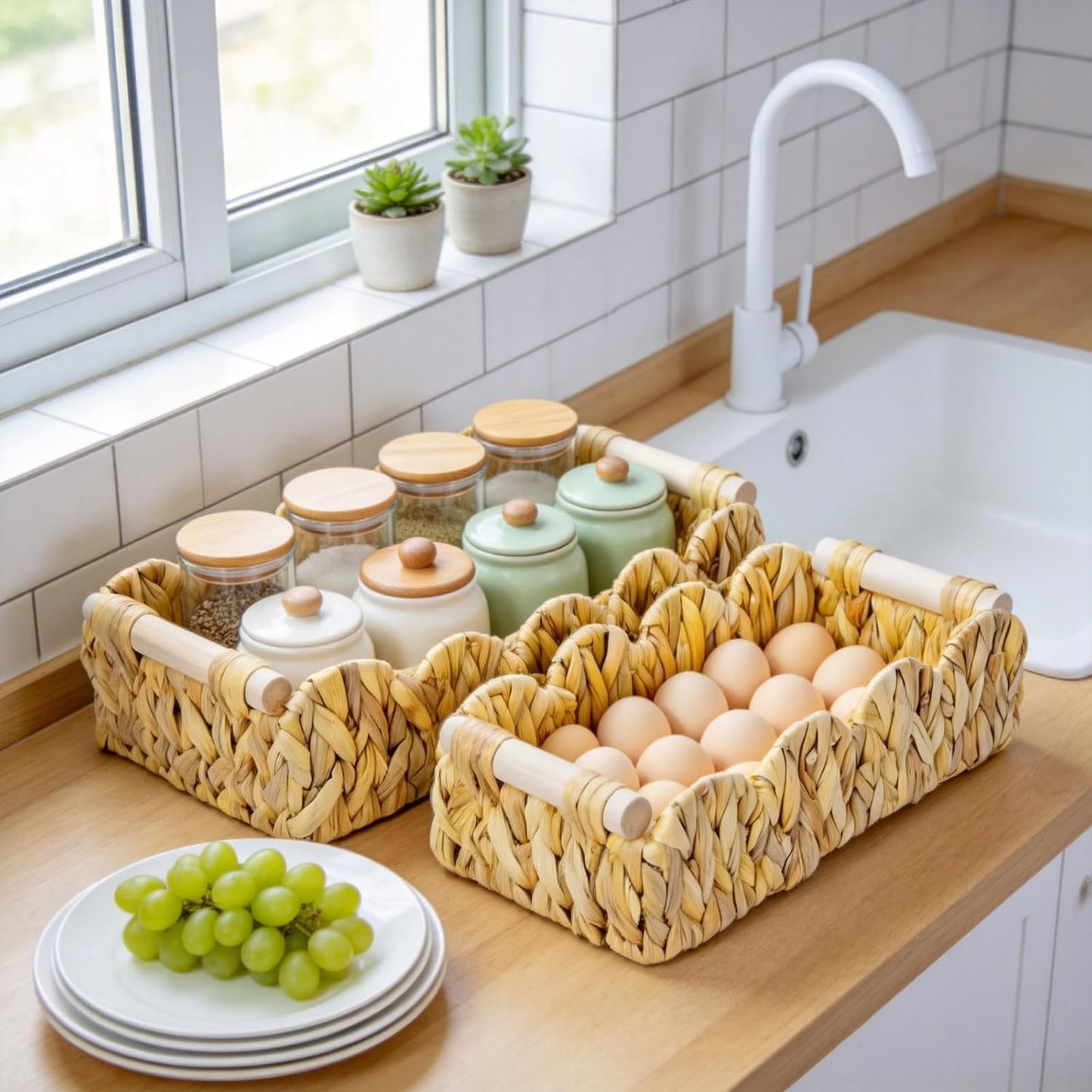 Modern Farmhouse Home Decor Scalloped Basket for Organizing / 14.76 x 7.08 x 3.937 / Set of 2