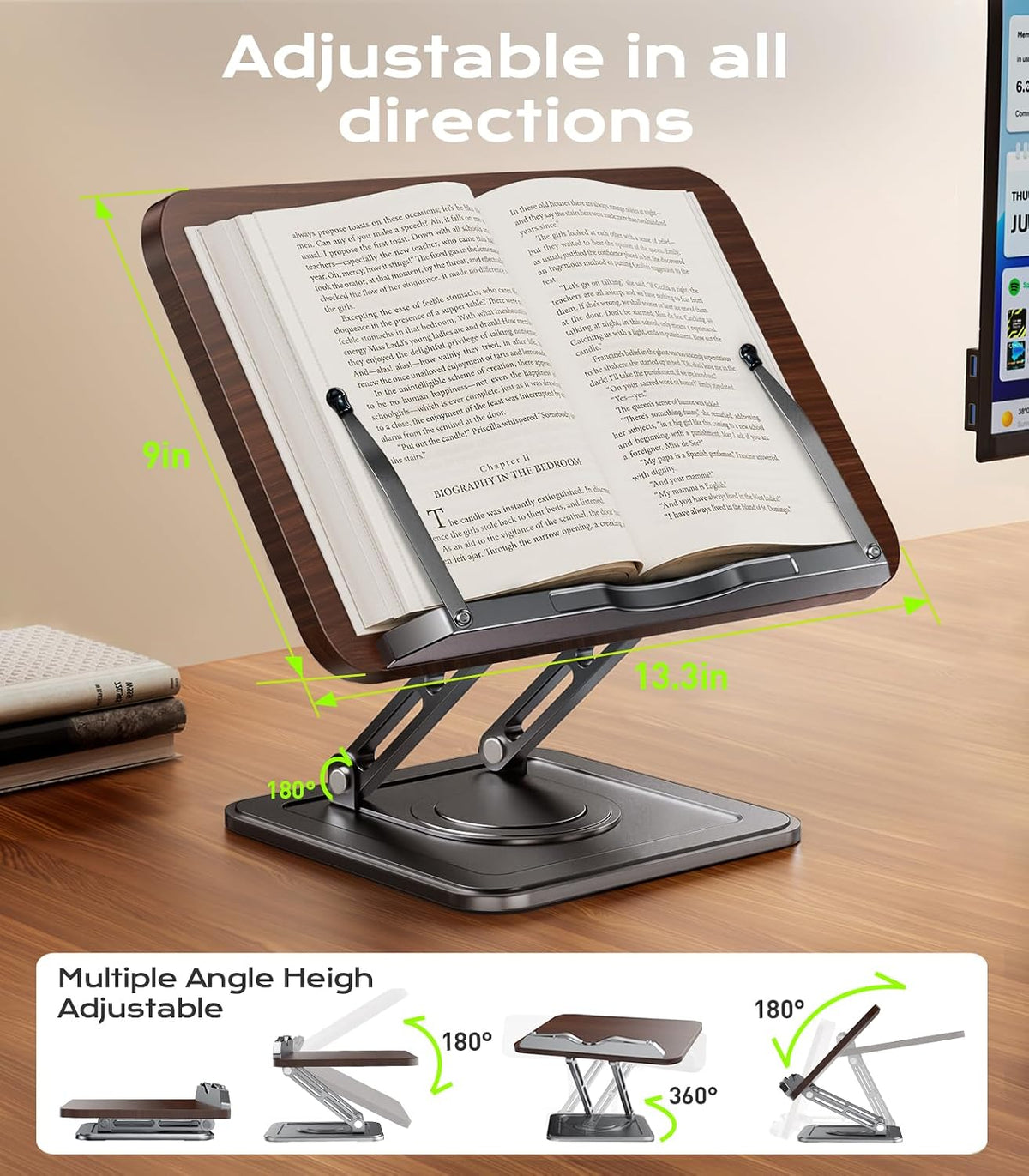 LOXP Book Stand for Reading, 360° Rotating Holder with Page Clip, Ergonomic | Adjustable height angle, Hands-free