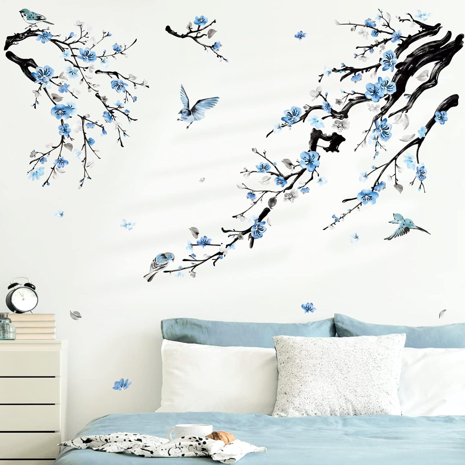 Watercolor Flower Tree Branch Wall Stickers Blossom Floral Birds Peel and Stick Wall Art / B / Blue