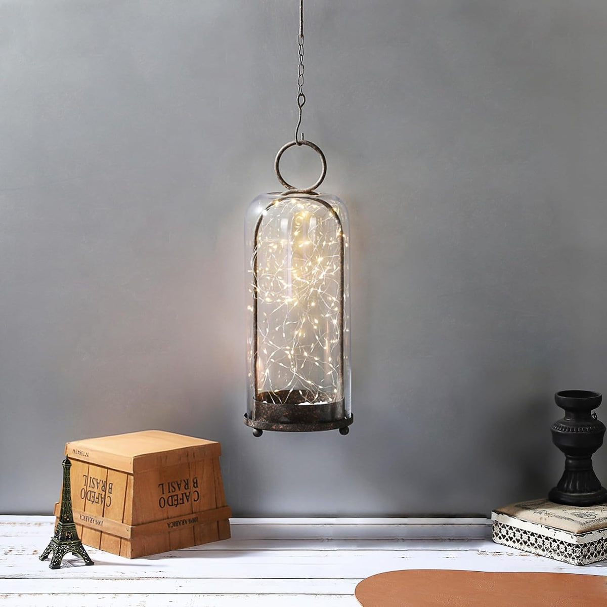 16" High Versatile Modern Metal Hurricane Lantern with Handmade Sturdy Glass Dome in Rustic Brown for Pillar Candle &