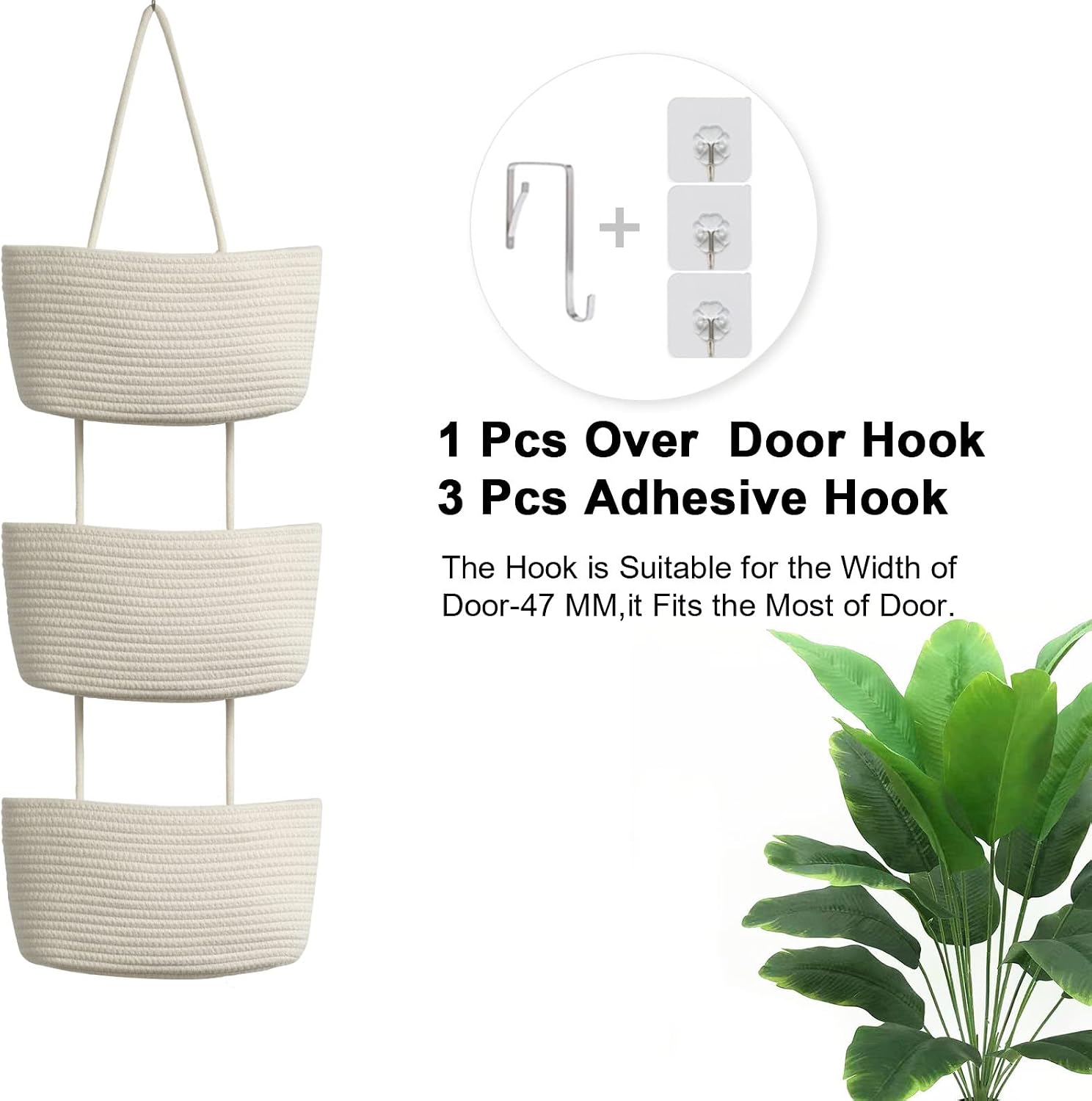 3-Tier Woven Cotton Wall-Mounted Storage Organizer Bag Decorative Hanging Nursery / White
