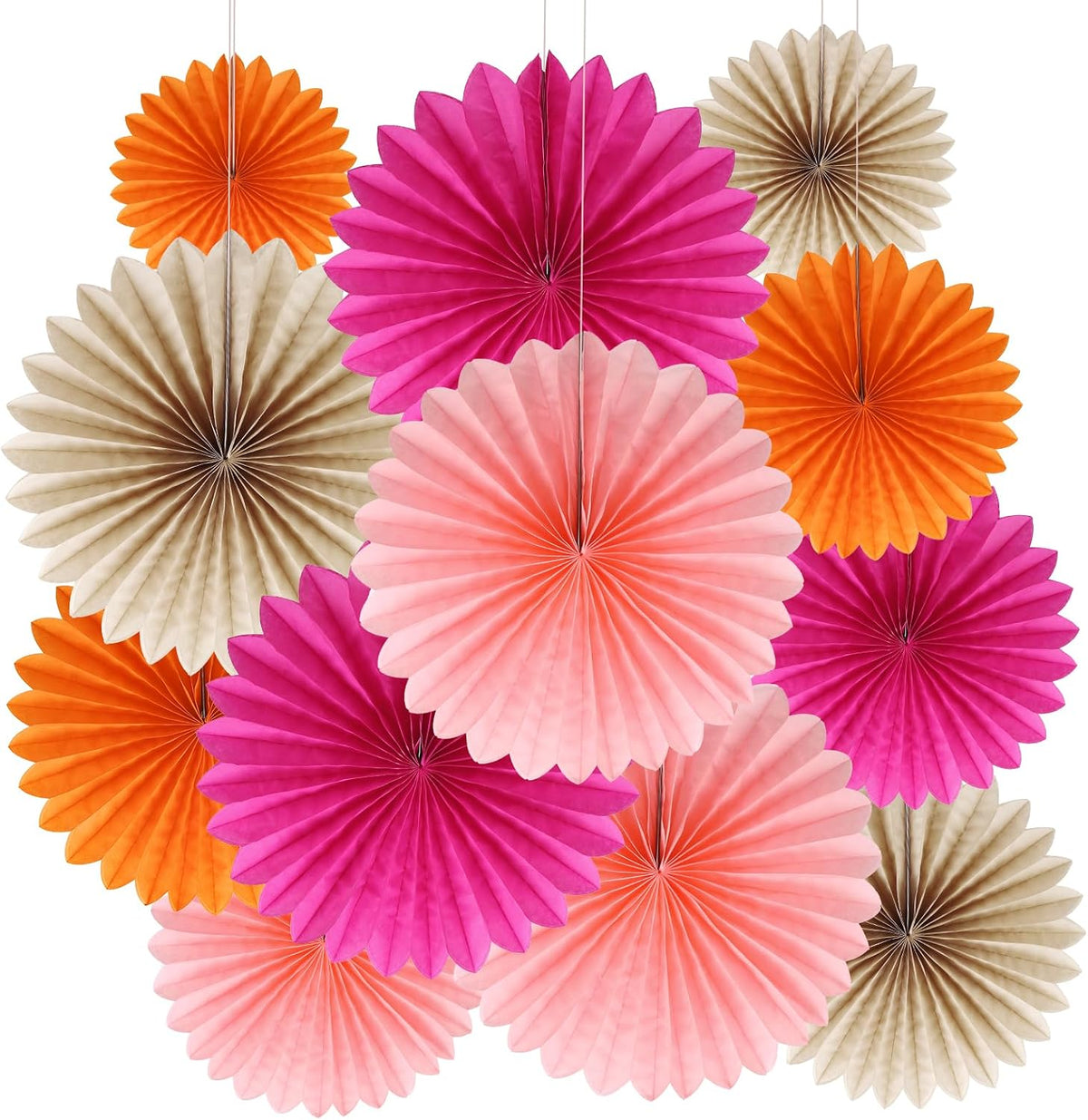 BestoFun 12PCS Orange Light Pink Paper Fans & Tissue Paper Flowers - Party Decorations Set for Birthday, Wedding, Bridal Shower, Reusable Easy Assemble Wall & Ceiling Decor