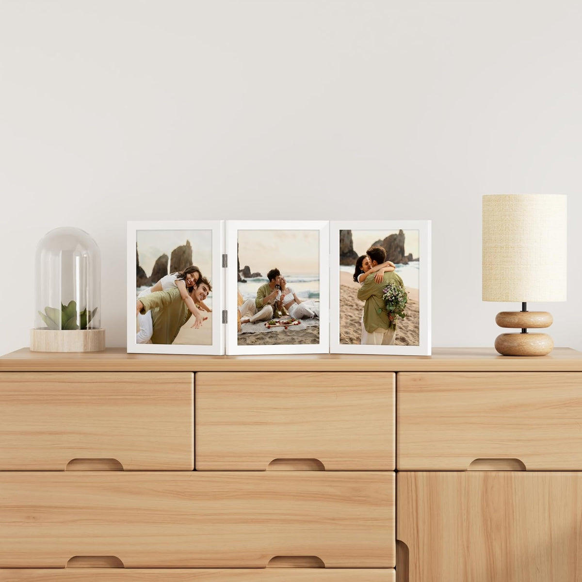 decorUhome White Triple 8x10 Picture Frame Vertical, MDWT08 | "Z" Shape Folding Design Engineered Wood Trifold Photo