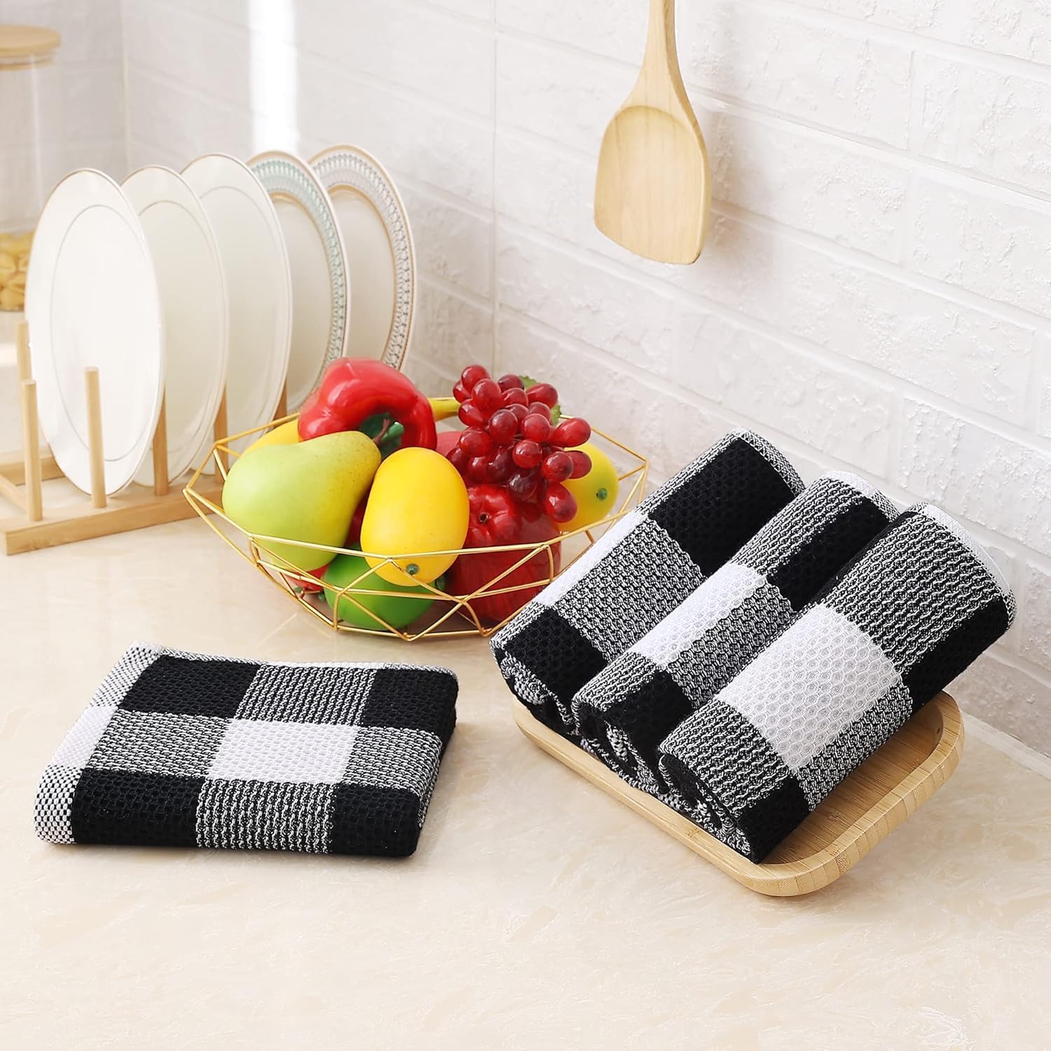 Homaxy Cotton Plaid 12 Pack Kitchen Towels, 13" x 28", White & Black | Waffle Weave, Plaid, Super Soft and Absorbent