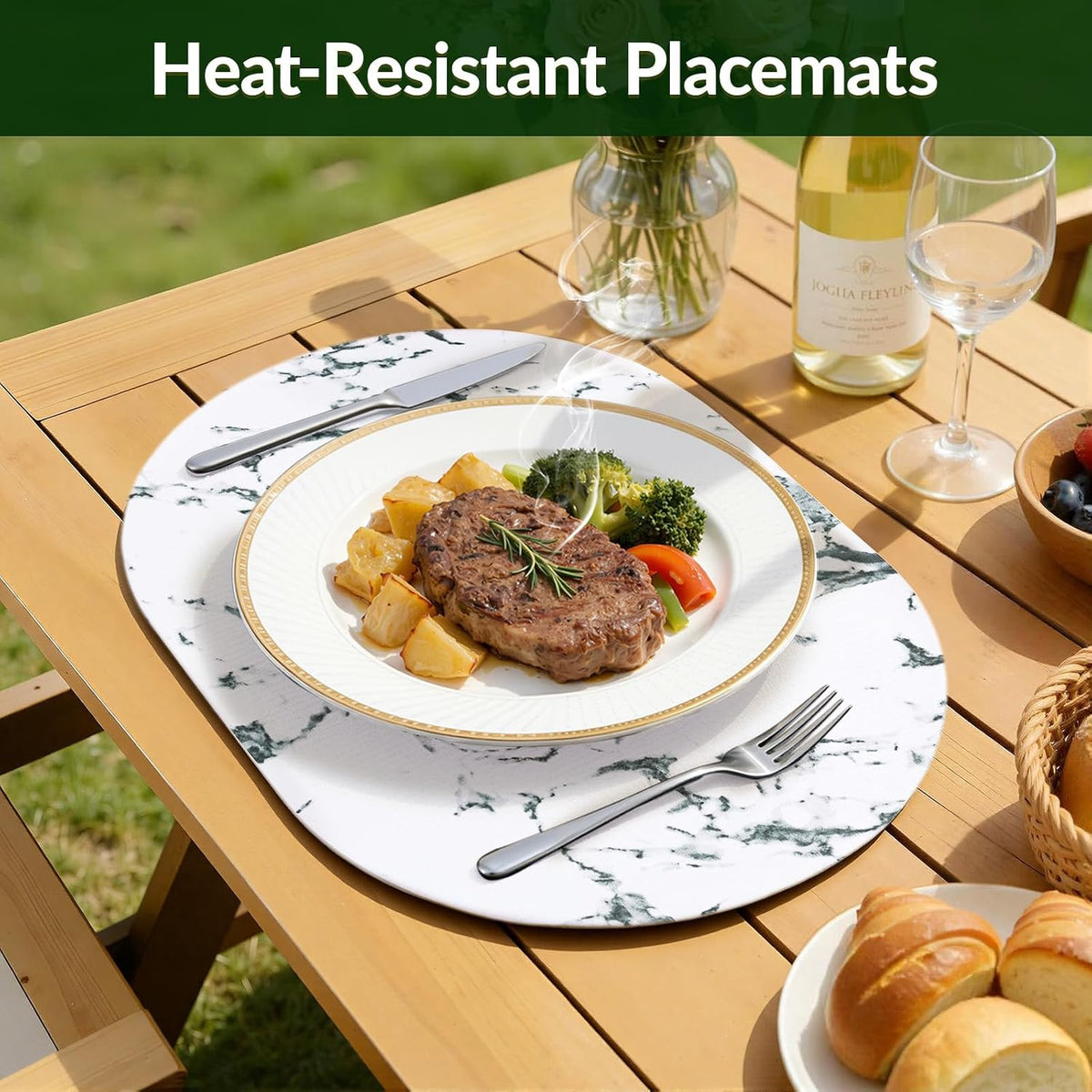 Placemats Set of 6, 11.8 x 17 Inch, Marble | Heat Resistant Oval Faux Leather Place Mats, Waterproof Wipeable