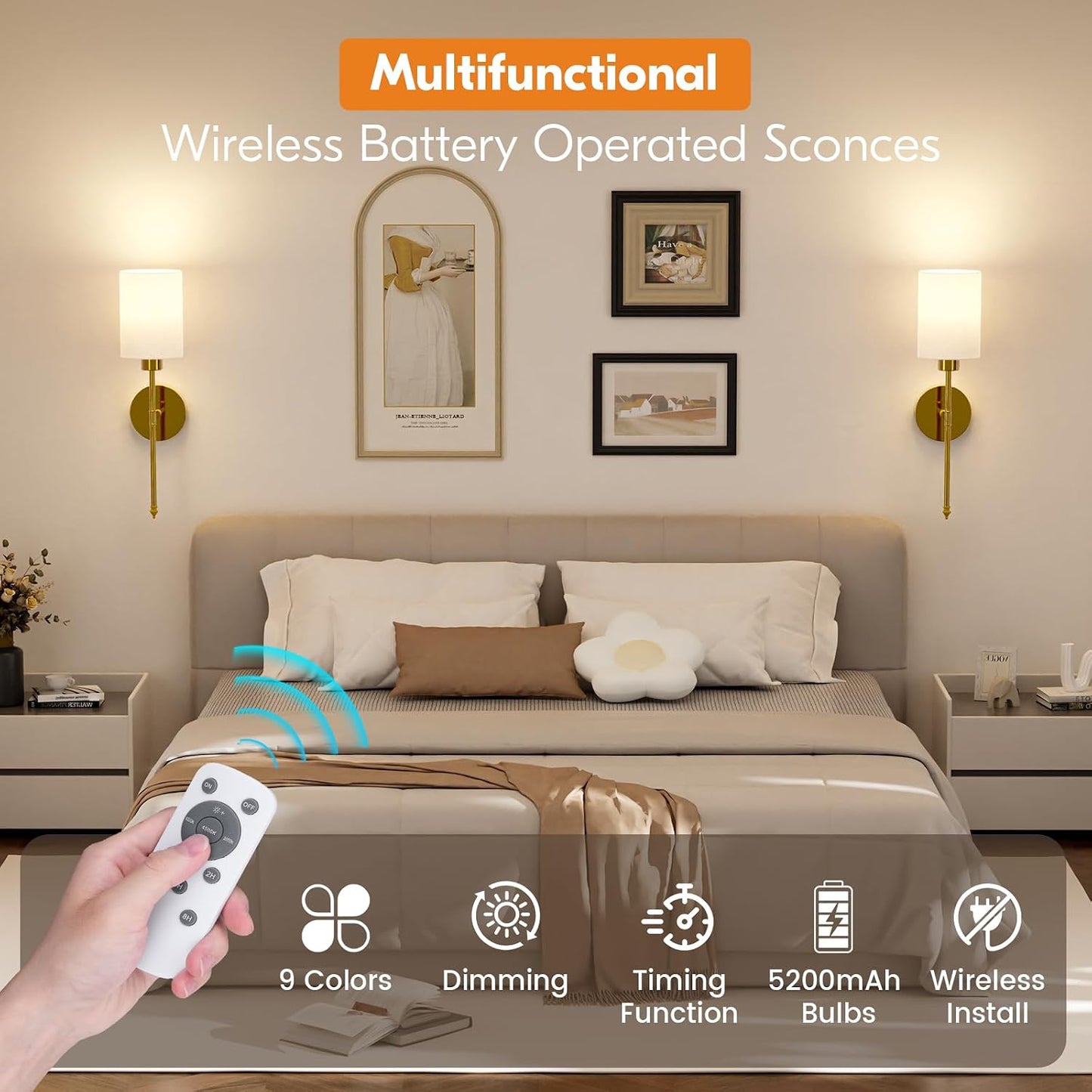 20.67 inch Battery Operated Wall Sconce Set of 2, Gold Rechargeable Wall Lights with 10400mAh Dimmable Bulbs and