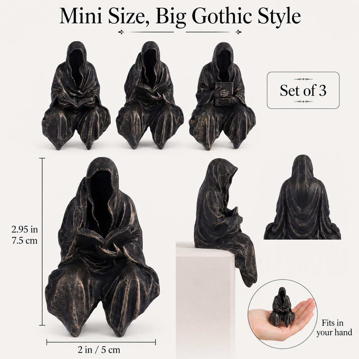 Gothic Grim Reaper Statue / Black Gold / Set of 3