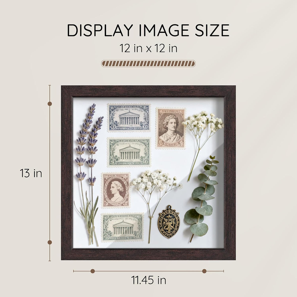 12x12 Brown Wooden Shadow Box Frame, 1.2" Deep, Tempered Glass | Black Backboard, Tabletop & Vertical/Horizontal Wall