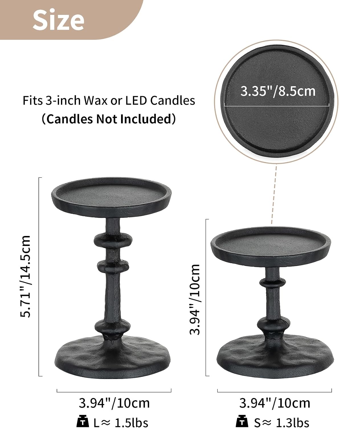 NUPTIO Pillar Candle Holder Black: Solid Cast Iron Candle Stand | Hammered Candleholder for 3 Inch Pillars Heavy