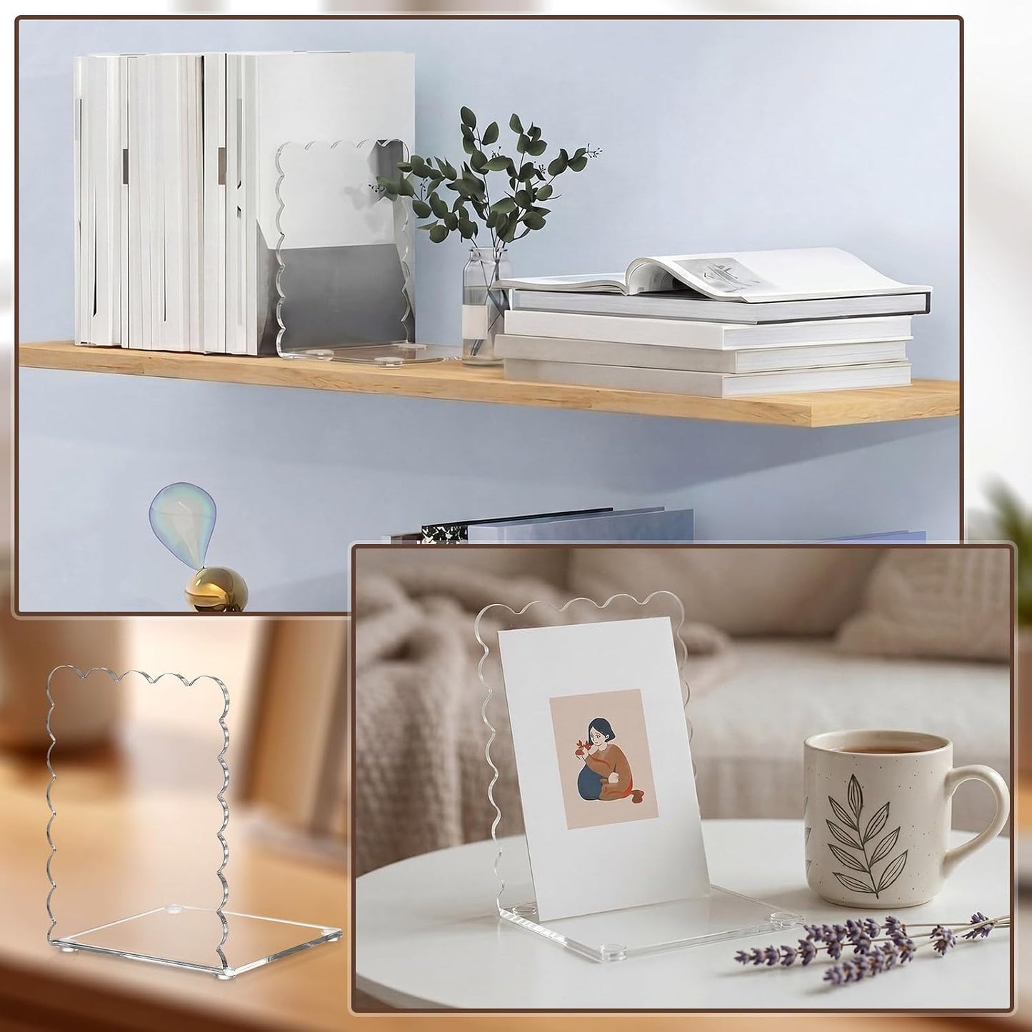 Scalloped Acrylic Bookends Book Ends for Shelve Transparent Bookend Organizer / Clear / Set of 4
