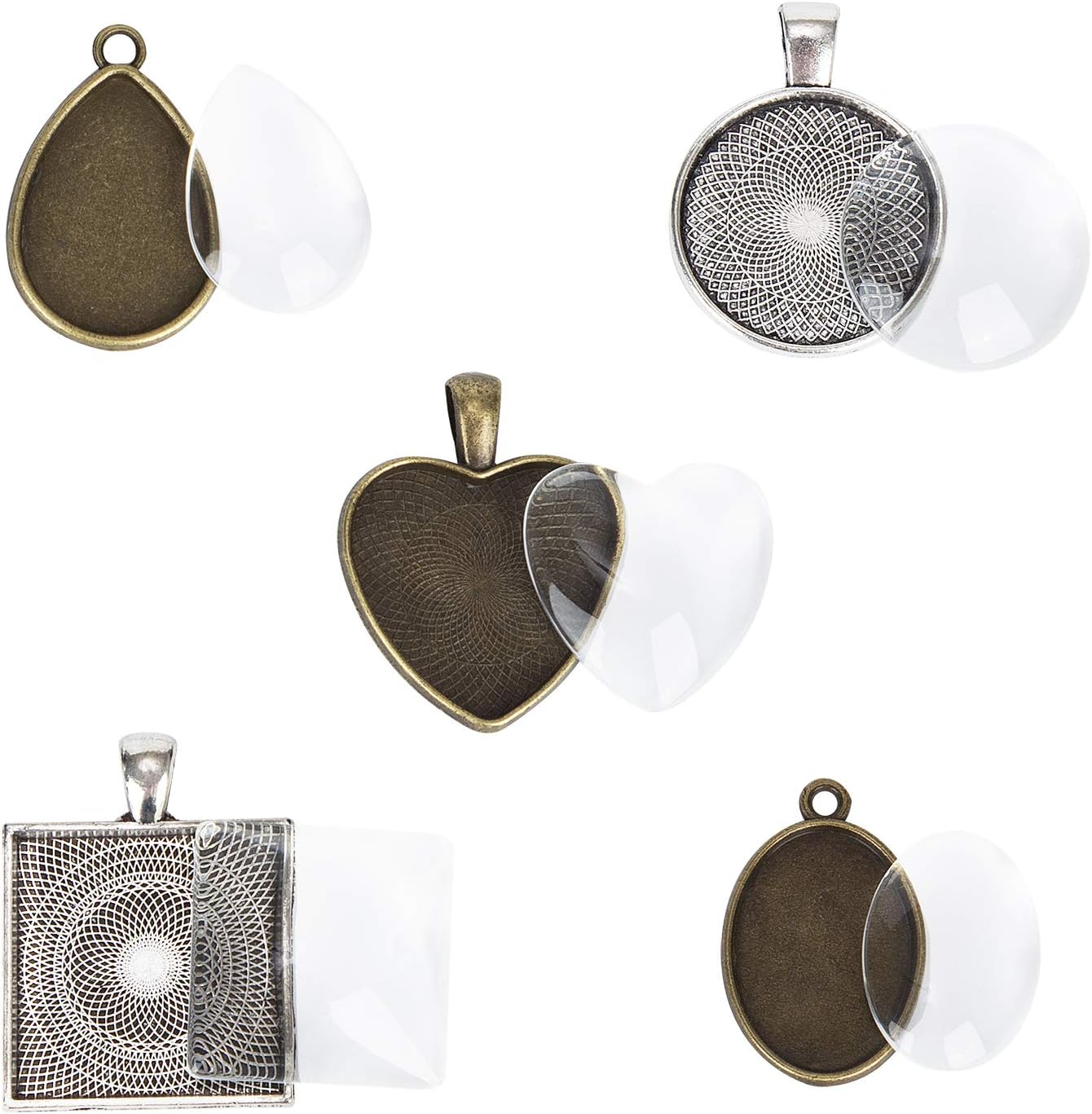 5 Styles Pendant Trays Round & Square & Heart & / Metal Pendant+ Bright Glass Cabochon / Set of 60