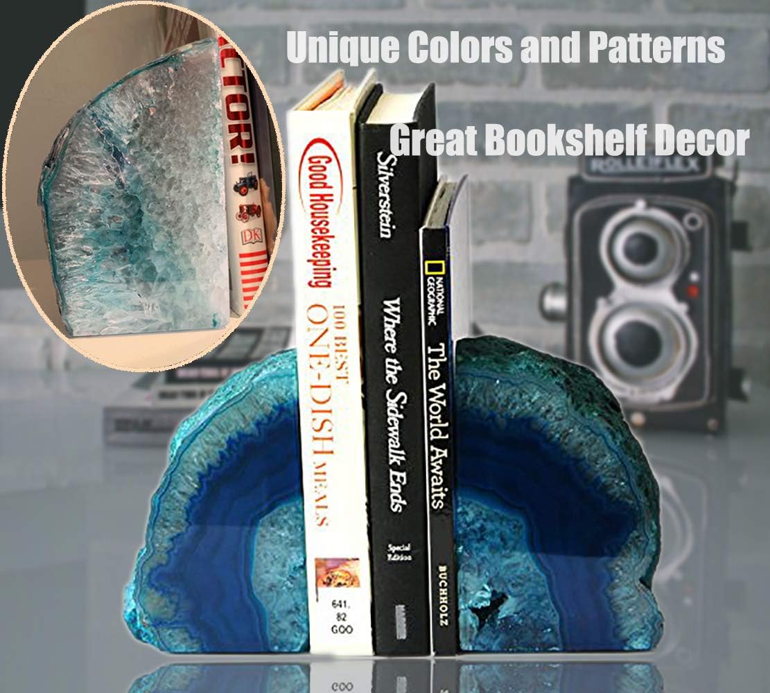 Agate Geode Bookends Heavy Duty Stone Book Ends Decorative Bookend Holder Home / Dyed Teal / 2-3LBS