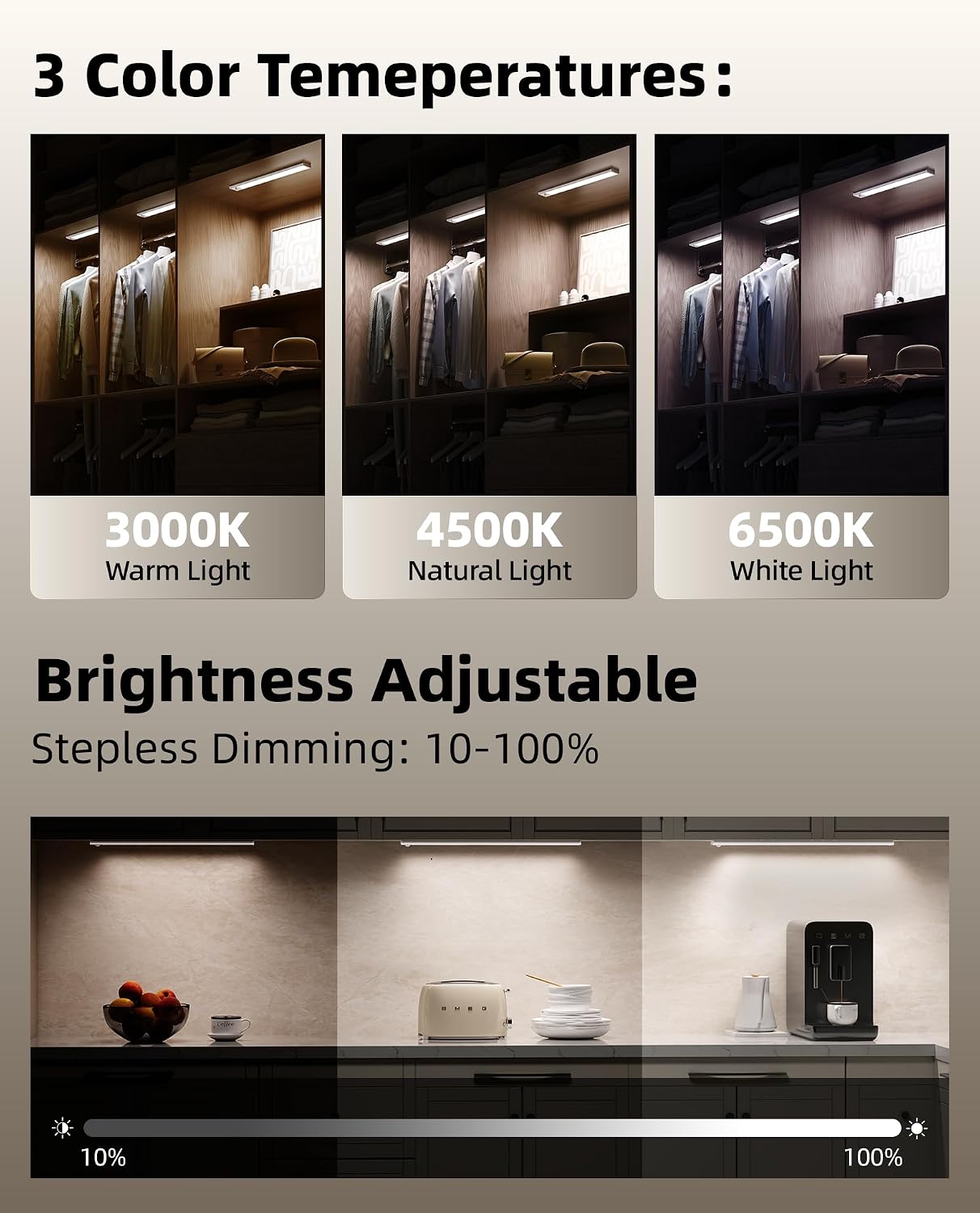 6Pack 16inch Under Cabinet Lighting, Rechargeable Motion Sensor Light Wireless Indoor, Dimmable 3 Color Temps Closet