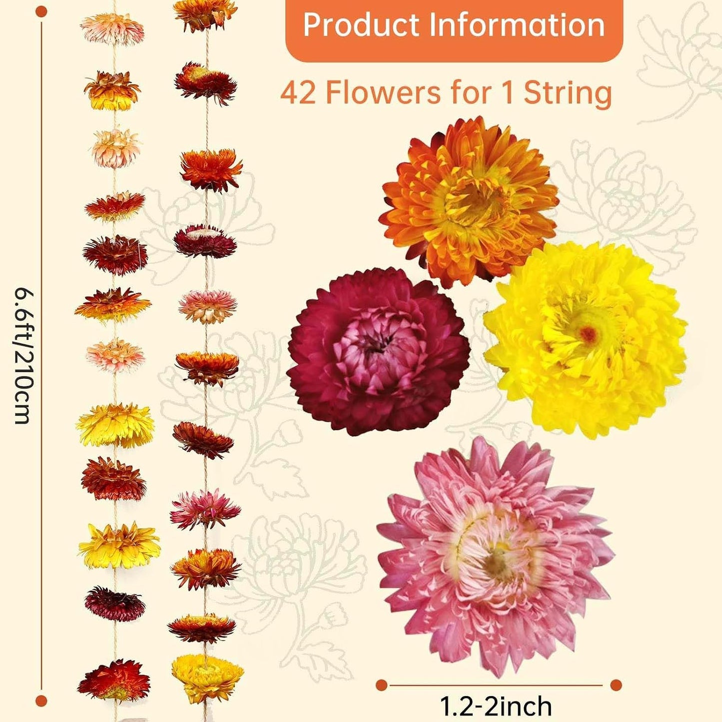 Dried Flowers Garland Real Daisy Sunflower Garlands Dry Flower Chain / 6.6 Inch