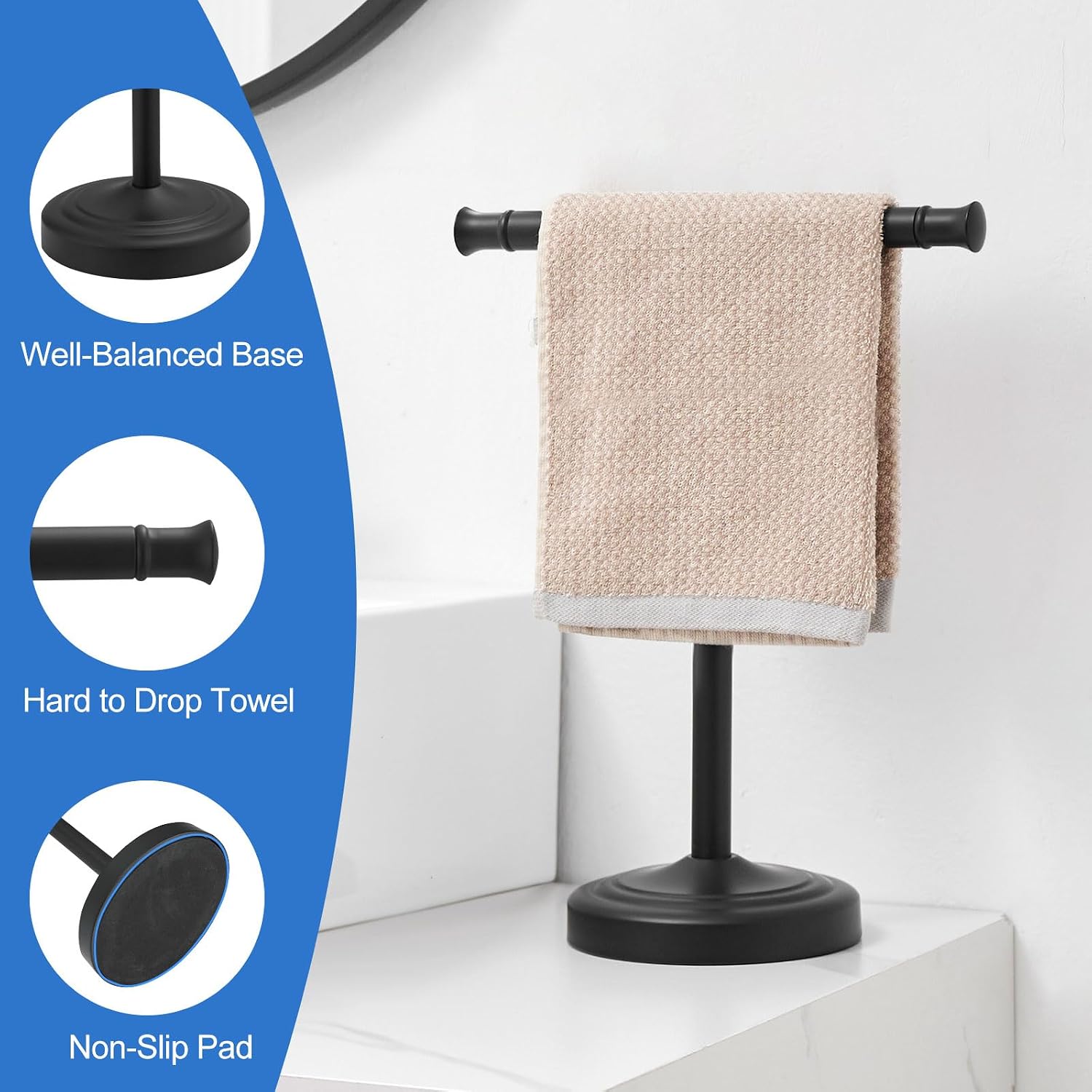 RUMOSE Matte Black Hand Towel Holder Stand Countertop Towel Rack | 13 Inch Bathroom Kitchen Vanity T-Shape Towel Stand
