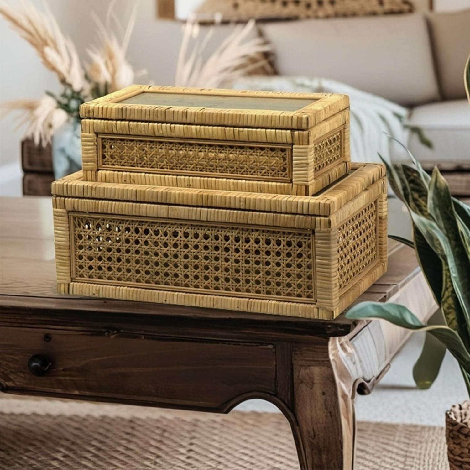 Rattan Display Box / Rectangular Coastal Bohemian Style Stackable Decorative Storage Box Set