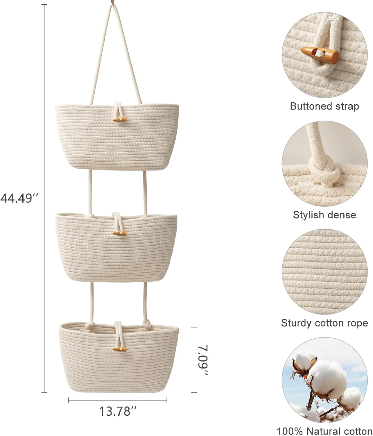 3-Tier Woven Cotton Storage Organizer Bag / White / 3 Tier+button