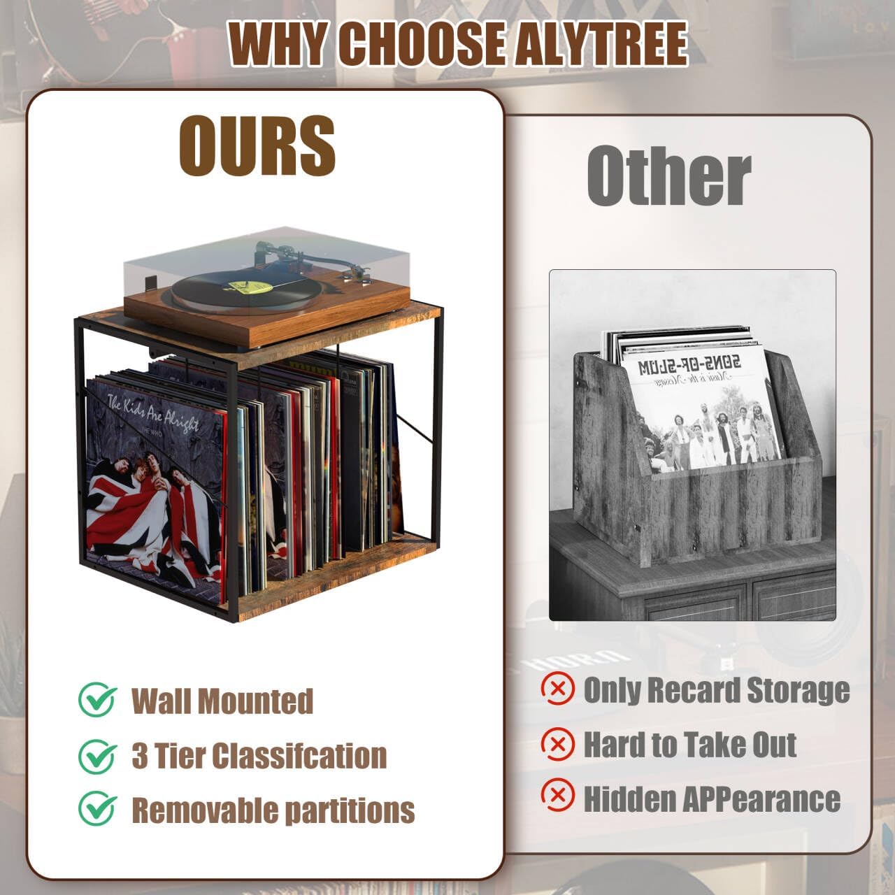 Vinyl Record Storage Holder for 80-100LPs, Vinyl Record Stand Wall Mount with Movable Divider, Solid Record Display