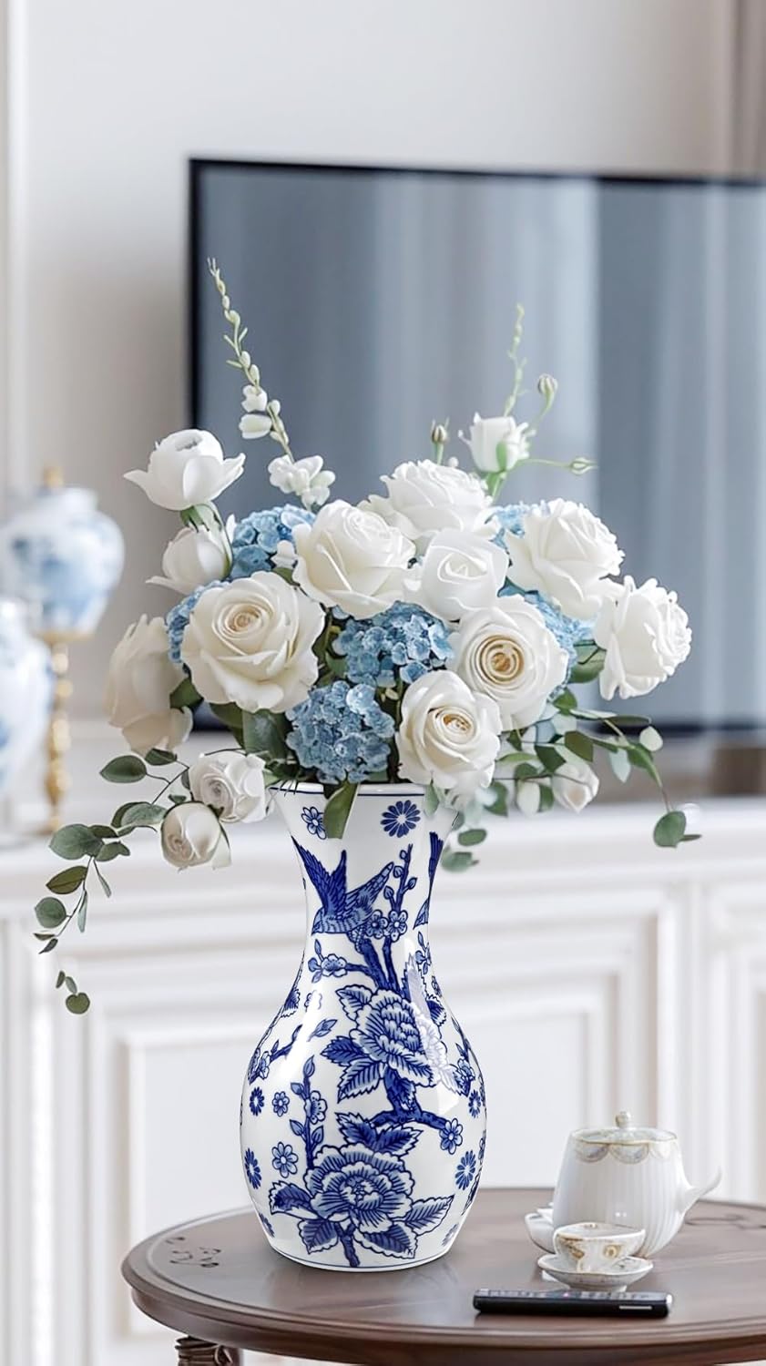 White Ceramic Vase / #birds & Floral Texture / Blue