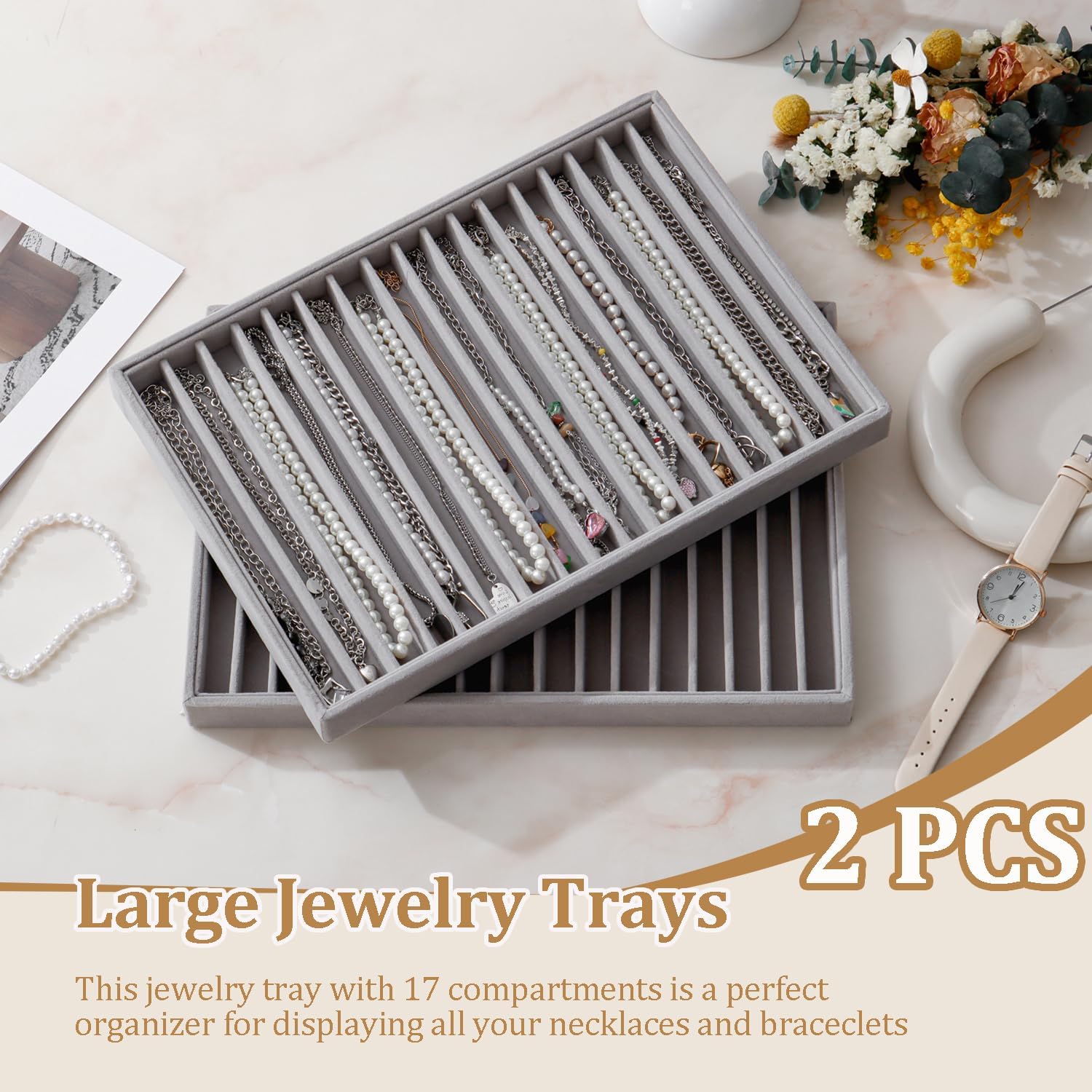 Large Velvet Jewelry Tray Stackable Jewelry Display Drawer Inserts / Gray / 16 Grids / Set of 2