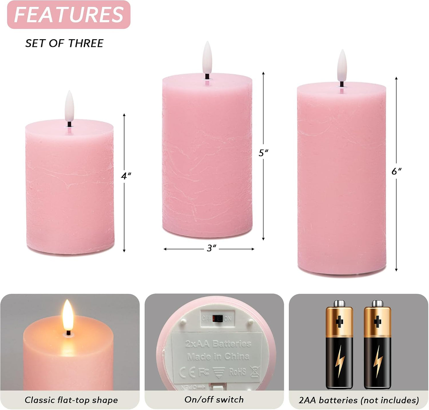 Pink Flameless Candles, Wax Battery Operated Candles with Remote | Flat Top Flickering LED Candles, Warm Ambiance, Home