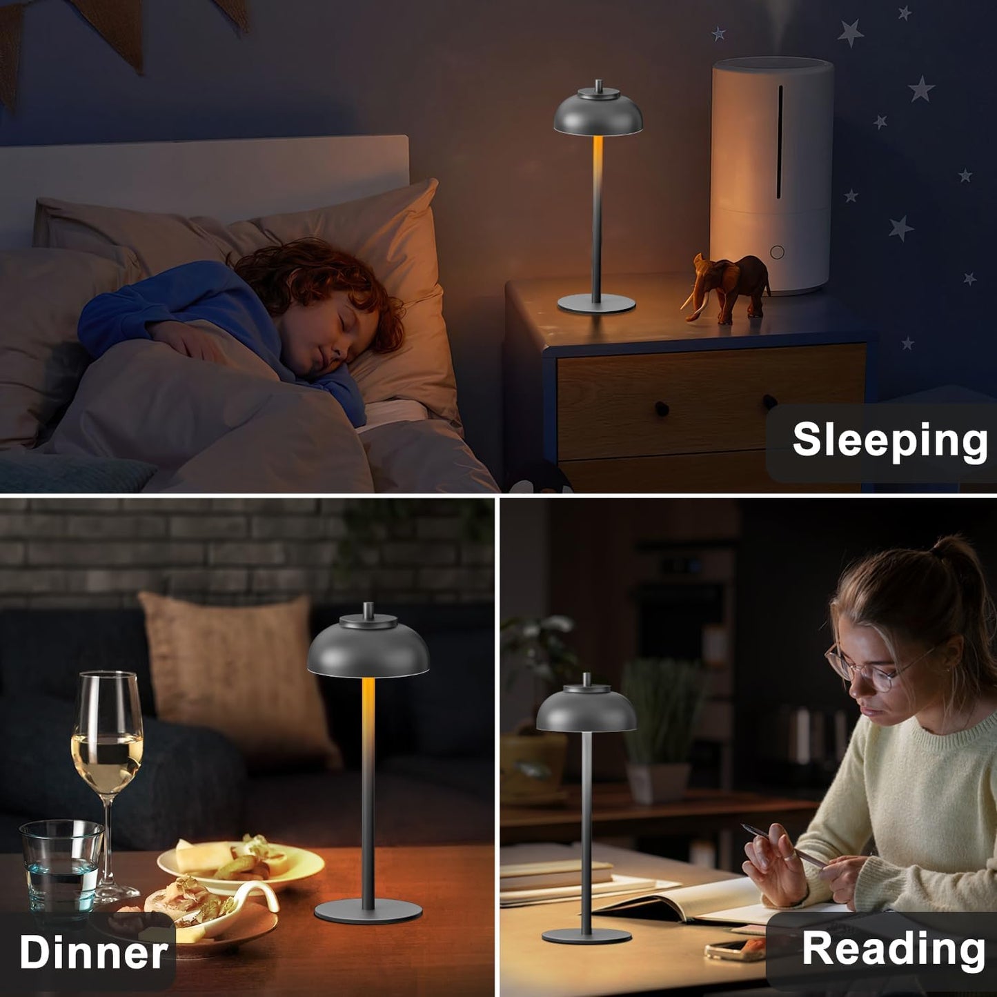 Cordless Table Lamps, Rechargeable LED Touch Lamp, Black, 2 Pack | Waterproof, 5000mAh battery, 3 color temperatures