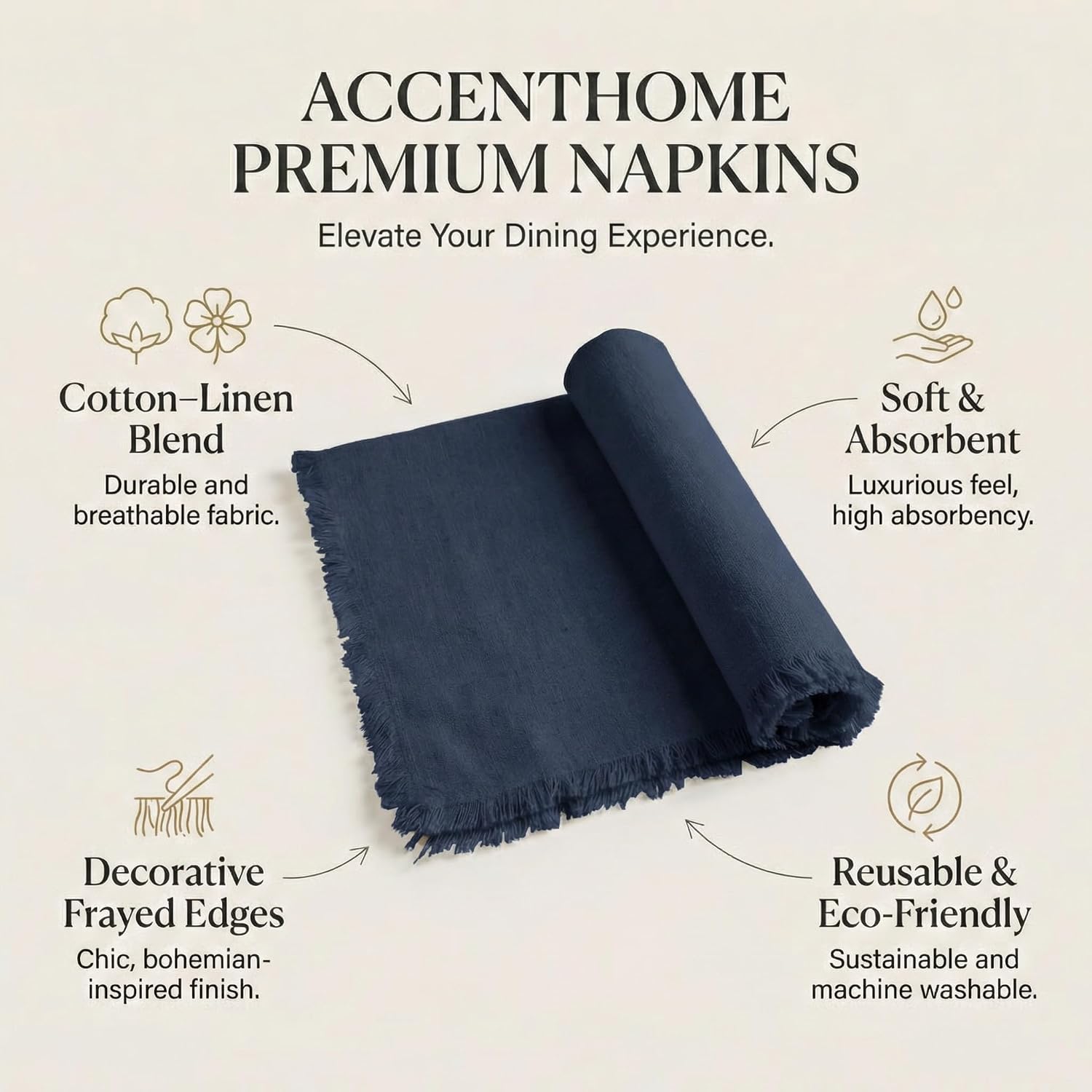 ACCENTHOME Navy Cotton Linen Napkin Set of 12 18x18 inch Dinner Napkins | Cotton Linen Blend Napkins, Machine Wash On