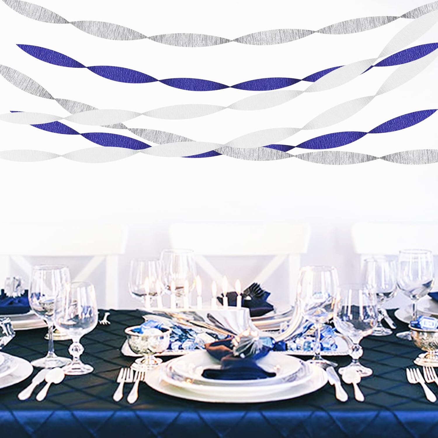Navy-Blue White- Silver Crepe Paper Streamers / Navy Blue White Silver