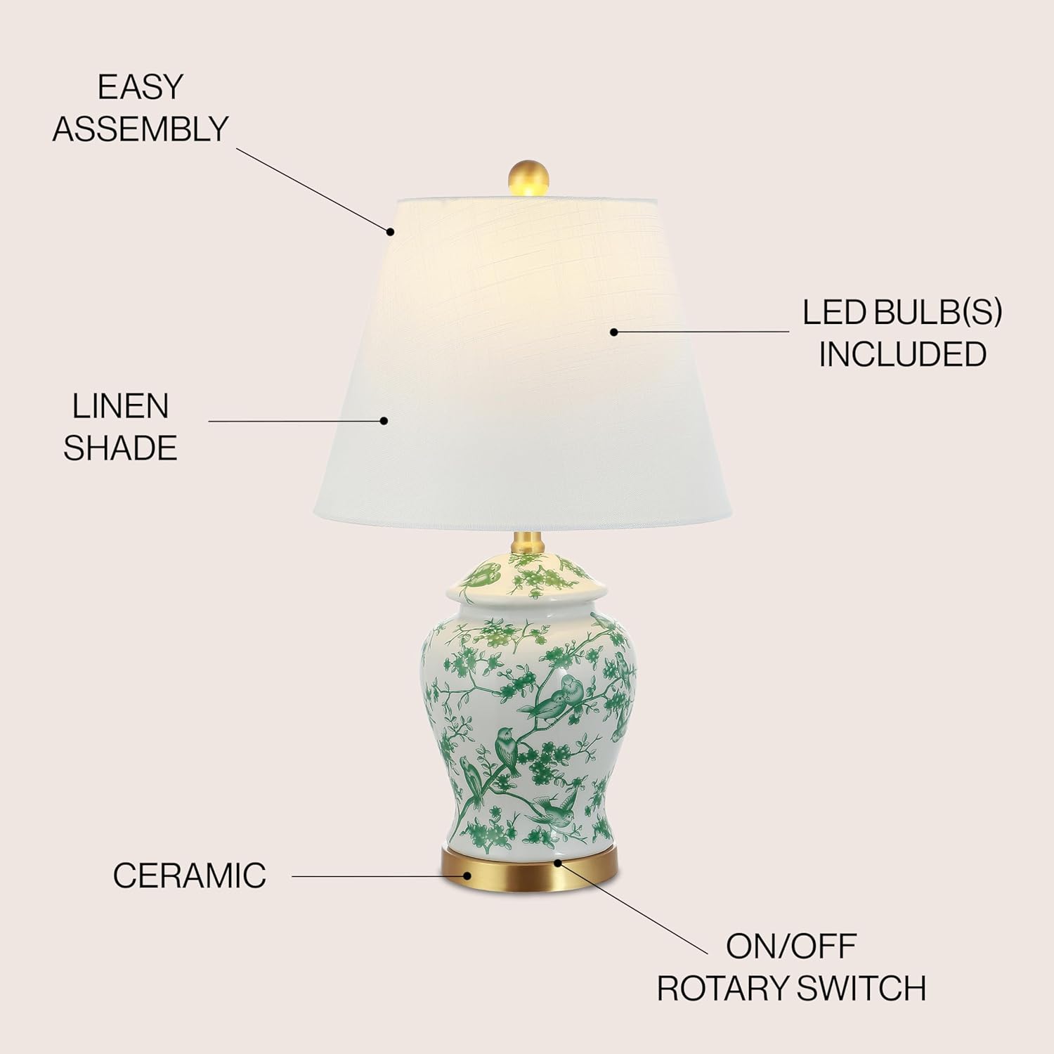 JONATHAN Y Penelope Ginger Jar 22" LED Table Lamp, White/Green | Chinoiserie, Ceramic Metal Construction, French