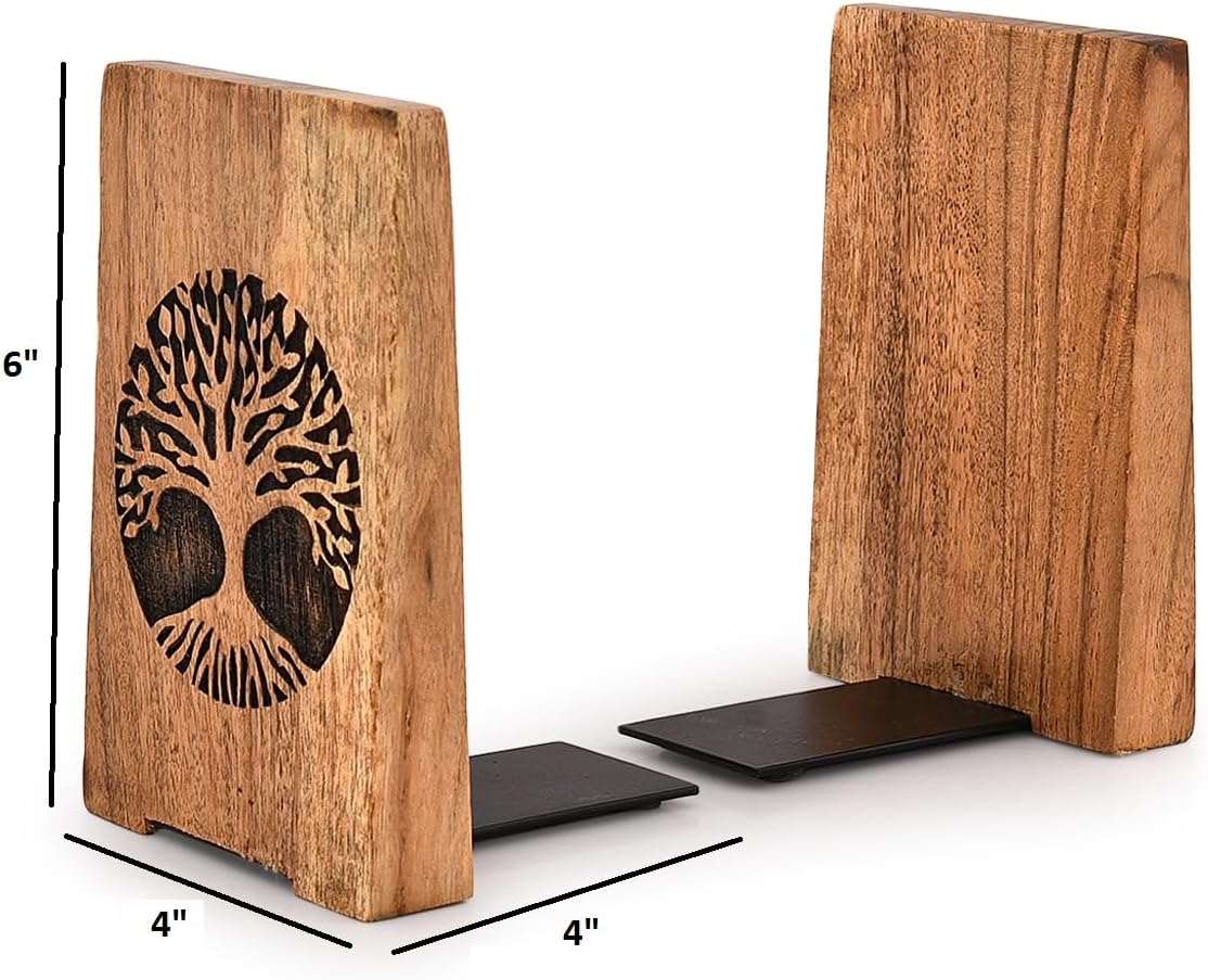 Office Bookends Iron & Acacia Wood Tree of Life Office Bookends