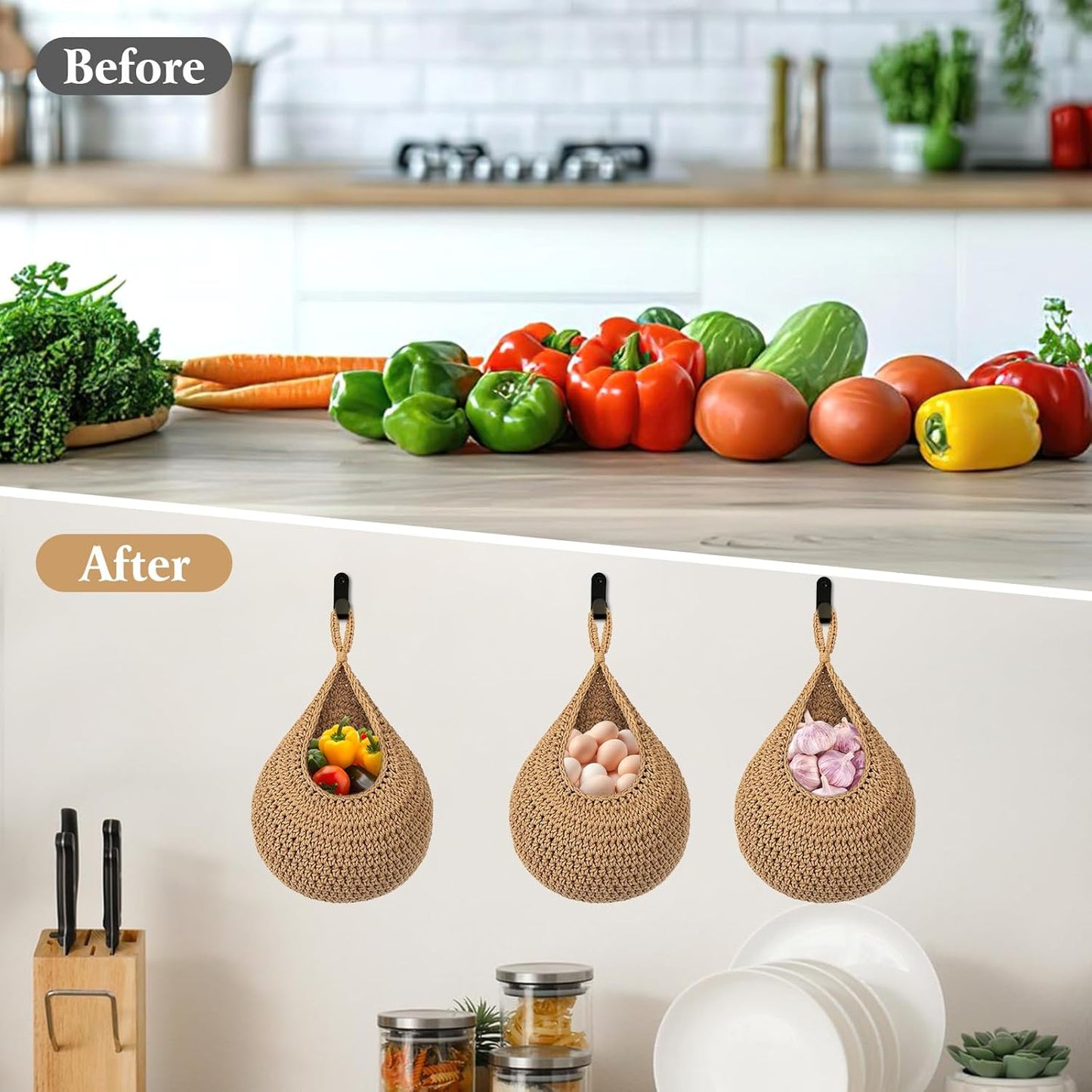 Boho Hanging Fruit Baskets / Brown / Set of 3