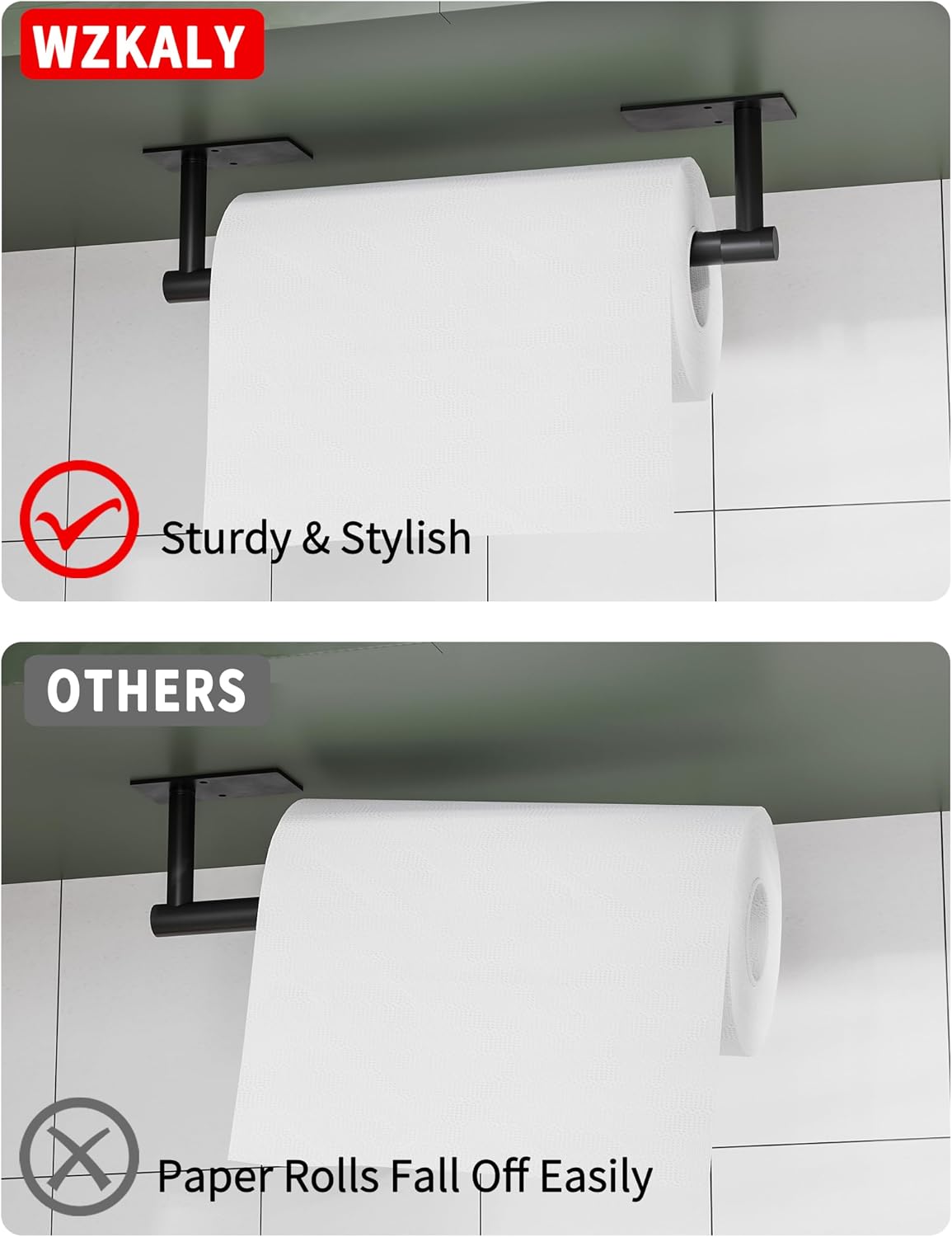 Black Paper Towel Holder Under Cabinet with 2 Hooks Self Adhesive | 304 Stainless Steel Post Pivoting Design Wall