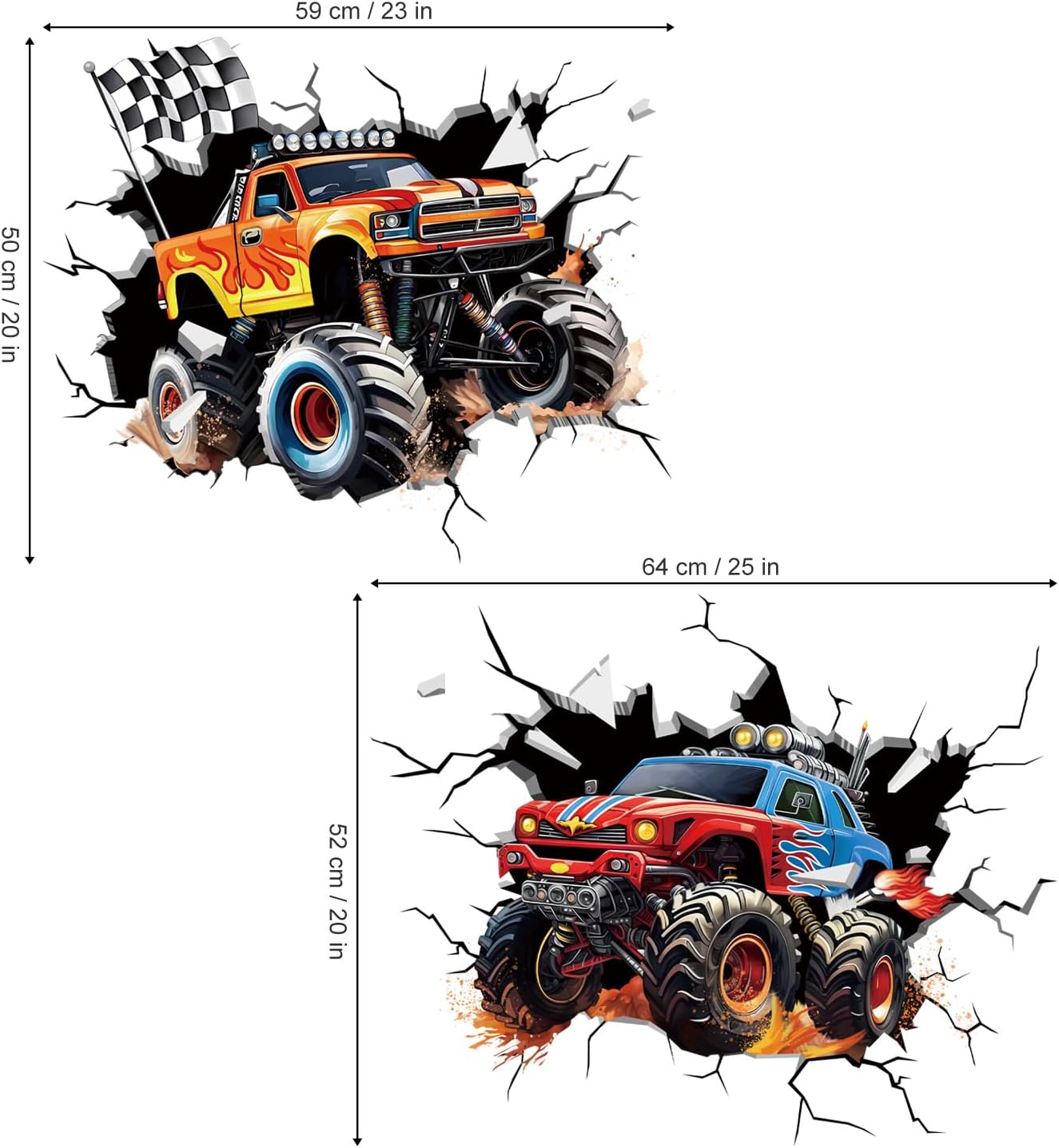 2 Large 3D Racing Cars Wall Decals Trucks Break Through Wall Stickers Boys Bedroom Kids Room