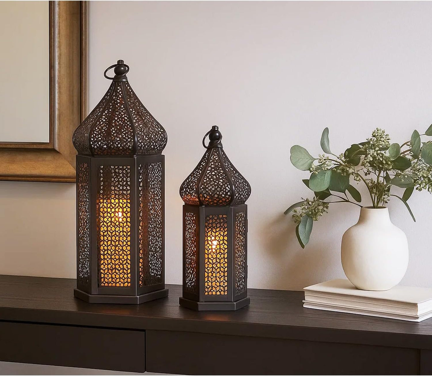 Vela Lanterns Decorative Indoor Black Moroccan Temple Lanterns, Set of 2 | Black Ramadan Decorations for Home, Eid